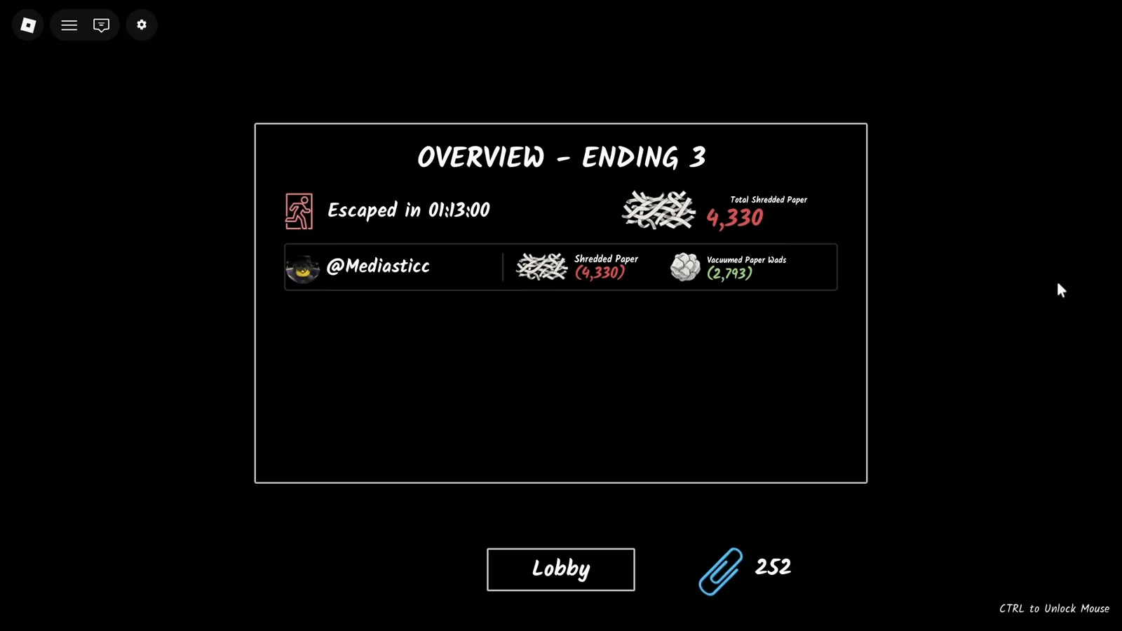 The OVERVIEW - ENDING 3 results screen in Shred the Secrets showing escaped in 01:13:00 with 4,330 shredded paper and 252 paperclips banked