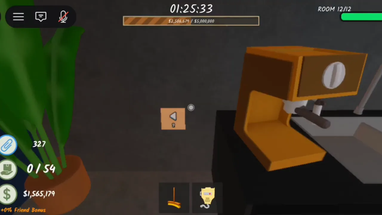 An orange vault code note in Shred the Secrets Room 12 showing a left arrow with its turn number while the ROOM 12/12 HUD tracks the $5,000,000 goal
