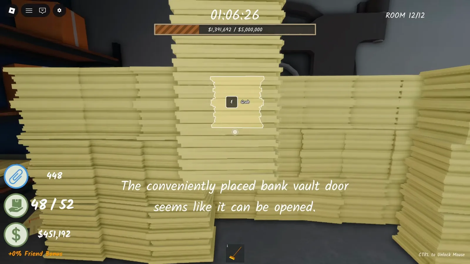 Shred the Secrets Room 12 announcing the conveniently placed bank vault door seems like it can be opened while the vault wheel waits behind floor-to-ceiling paper stacks