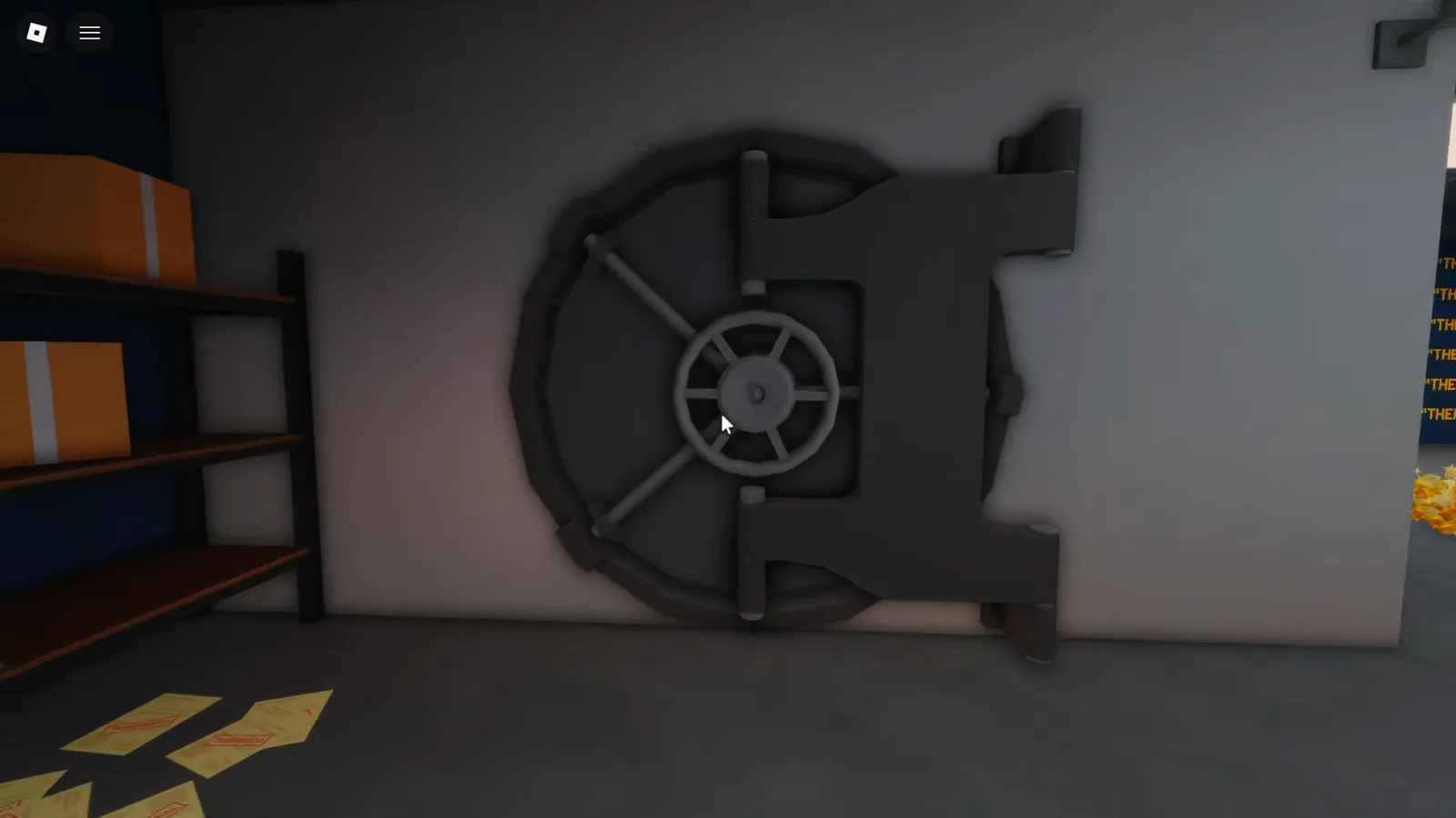 The closed bank vault door in Shred the Secrets Room 12 with its round wheel, box shelves and scattered shredded documents once the paper is cleared