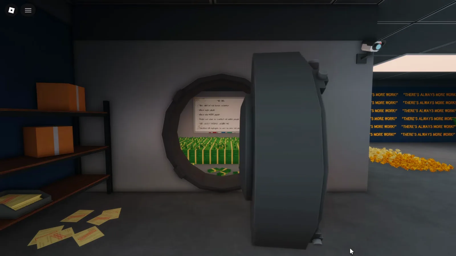 The Shred the Secrets Room 12 bank vault door swung open revealing stacks of green cash and the whiteboard inside the deposit room