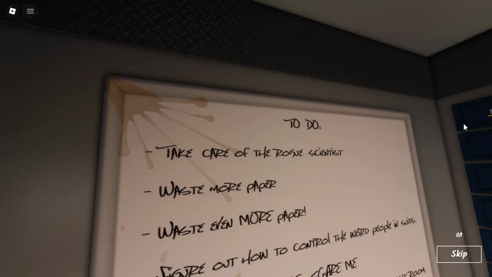 The whiteboard to-do list inside the Shred the Secrets Room 12 vault reading take care of the rogue scientist and waste even more paper