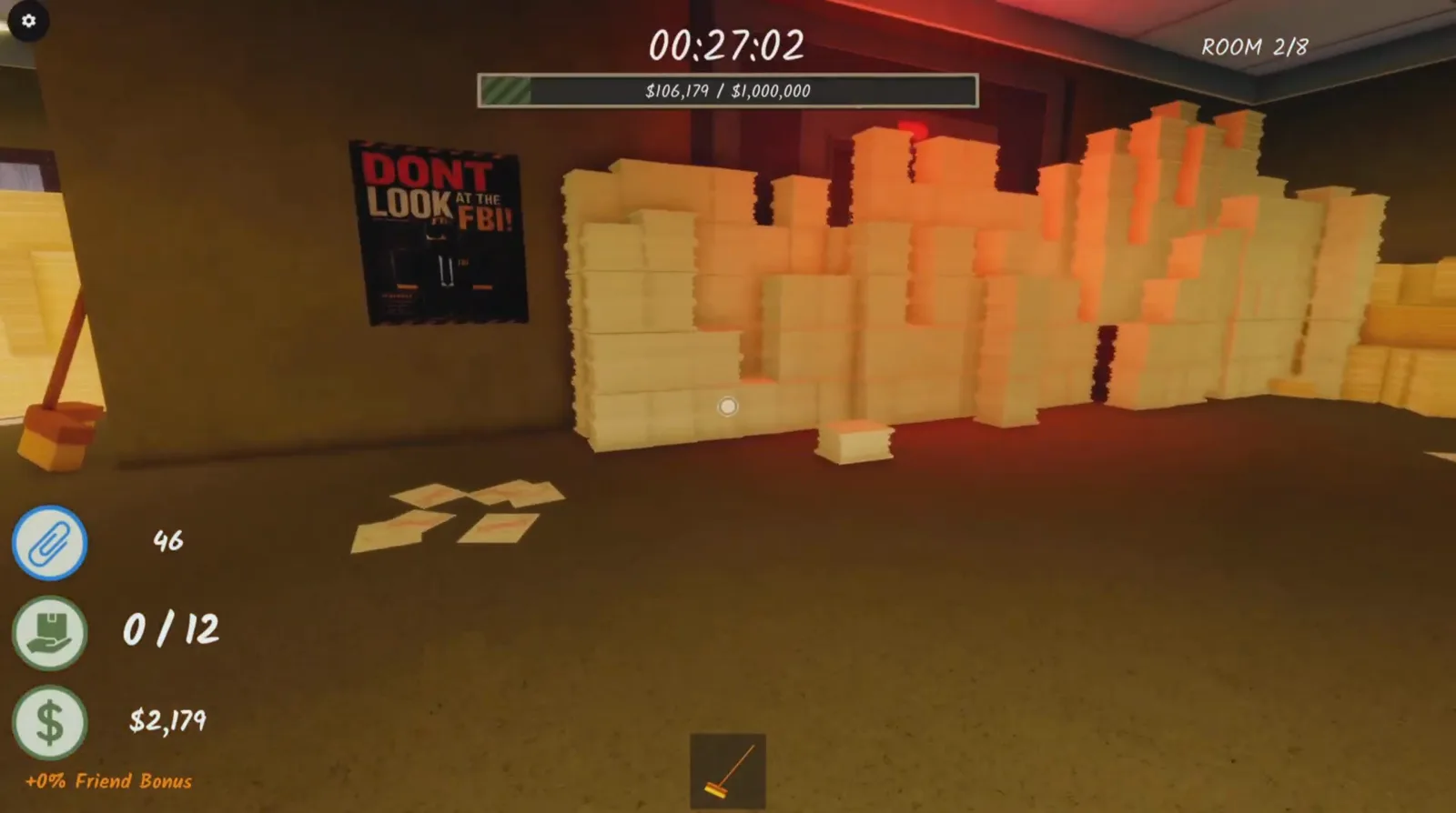 DON'T LOOK AT THE FBI poster on a Room 2 wall in Shred the Secrets next to floor-to-ceiling paper stacks under red light