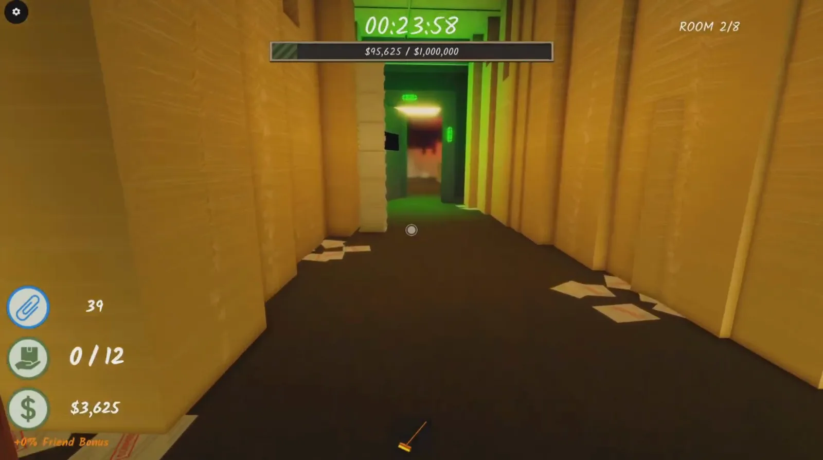 Shred the Secrets corridor from Room 1 to Room 2 with the green EXIT sign glowing over the doorway and the ROOM 2/8 counter in the corner