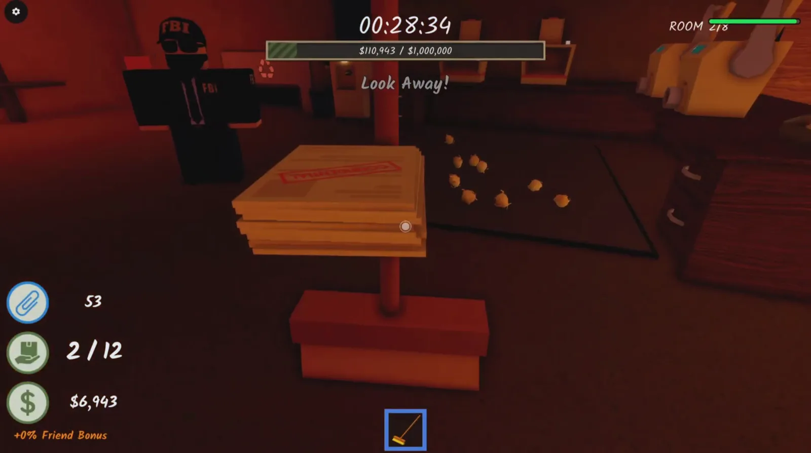Shred the Secrets Room 2 jump scare with the agent in an FBI cap at the top left and the Look Away text over a red-lit office floor