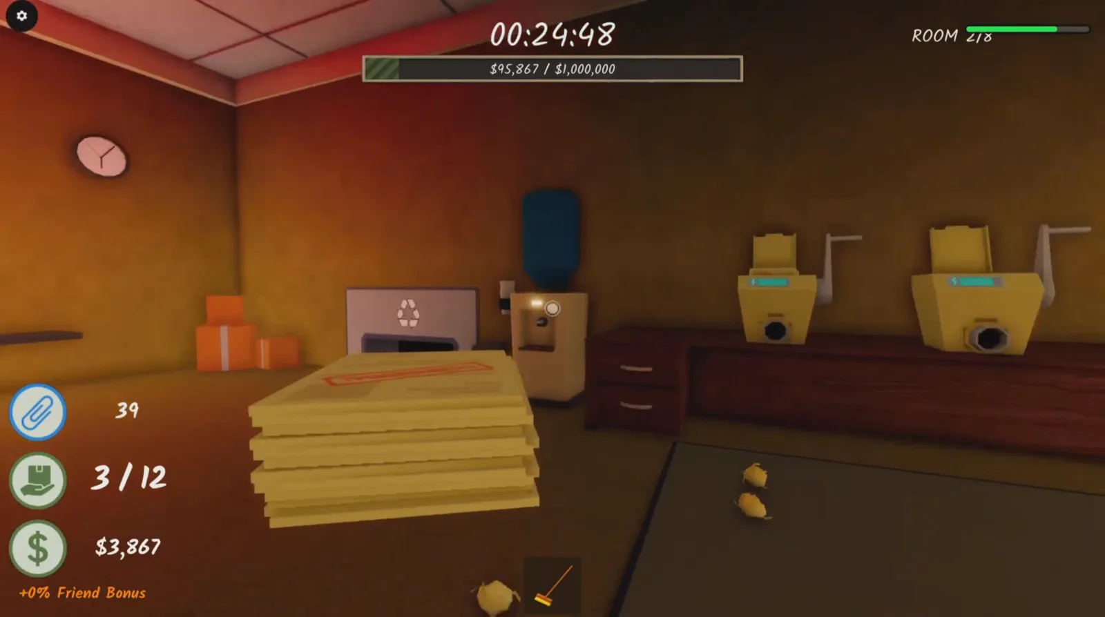 Room 2 shredder bench in Shred the Secrets with two manual crank shredders and a CONFIDENTIAL stack waiting after the upgrade reset
