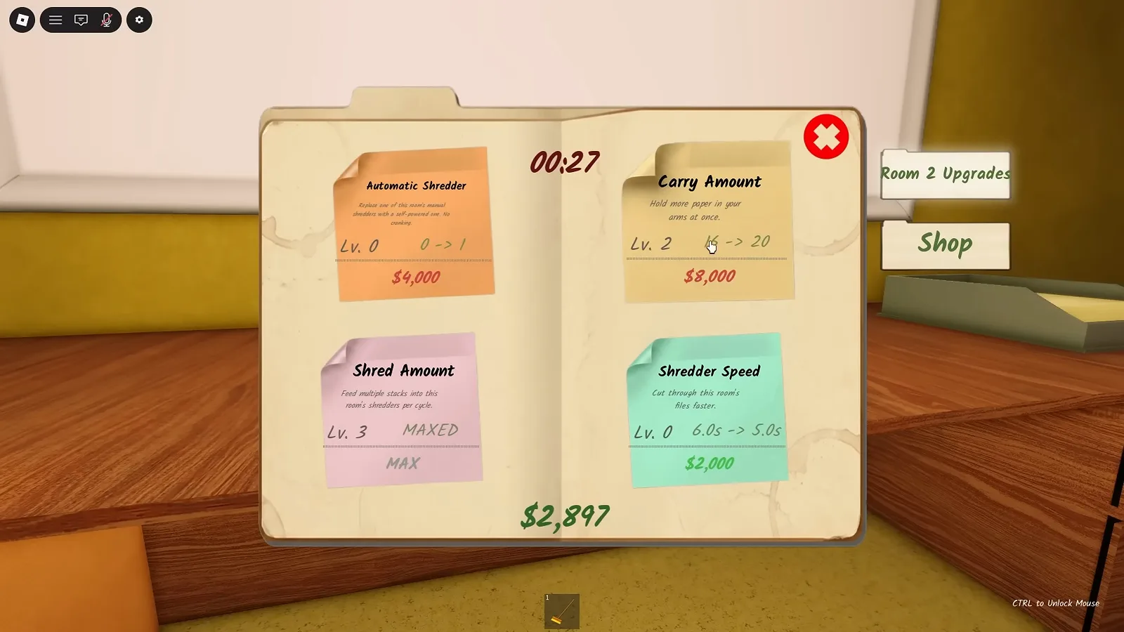 Room 2 Upgrades board in Shred the Secrets showing the Automatic Shredder, Carry Amount, Shred Amount and Shredder Speed cards in the shop menu