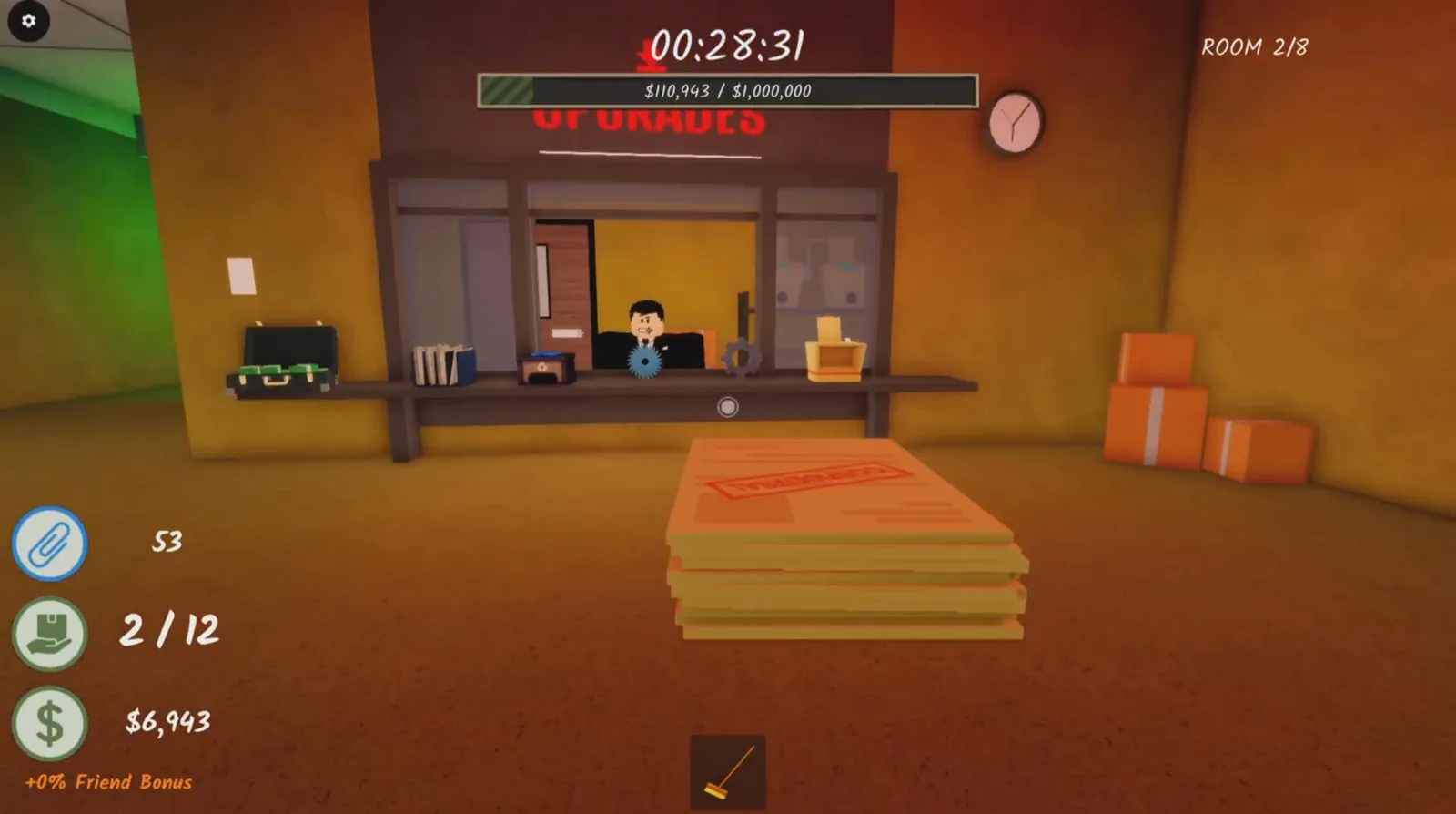 UPGRADER shop counter in Shred the Secrets Room 2 with the vendor NPC behind the glass and a CONFIDENTIAL paper stack in front