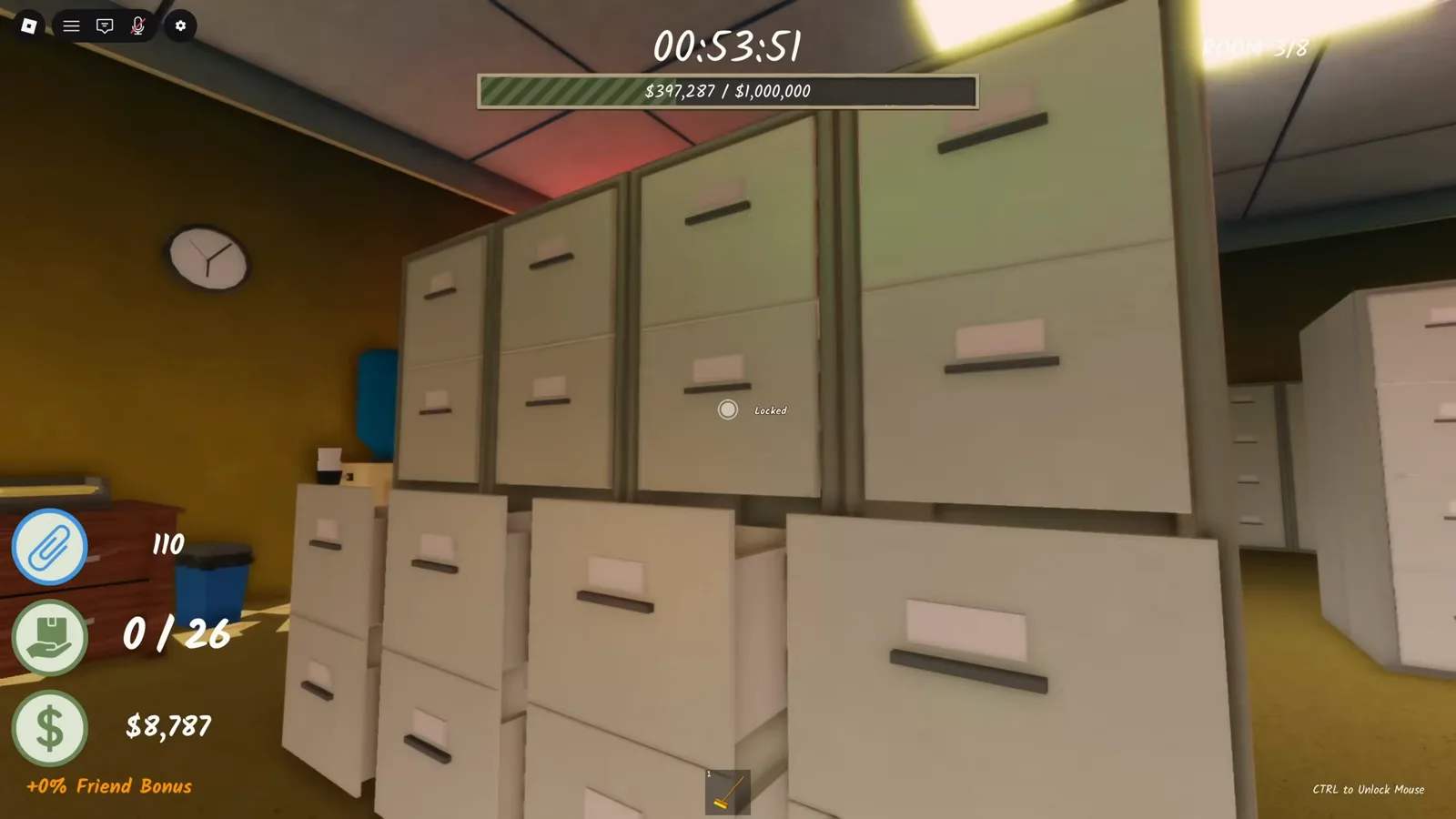 Rows of grey filing cabinets lining the walls of a Room 3 office in Shred the Secrets with paper stacks still heaped between the rows