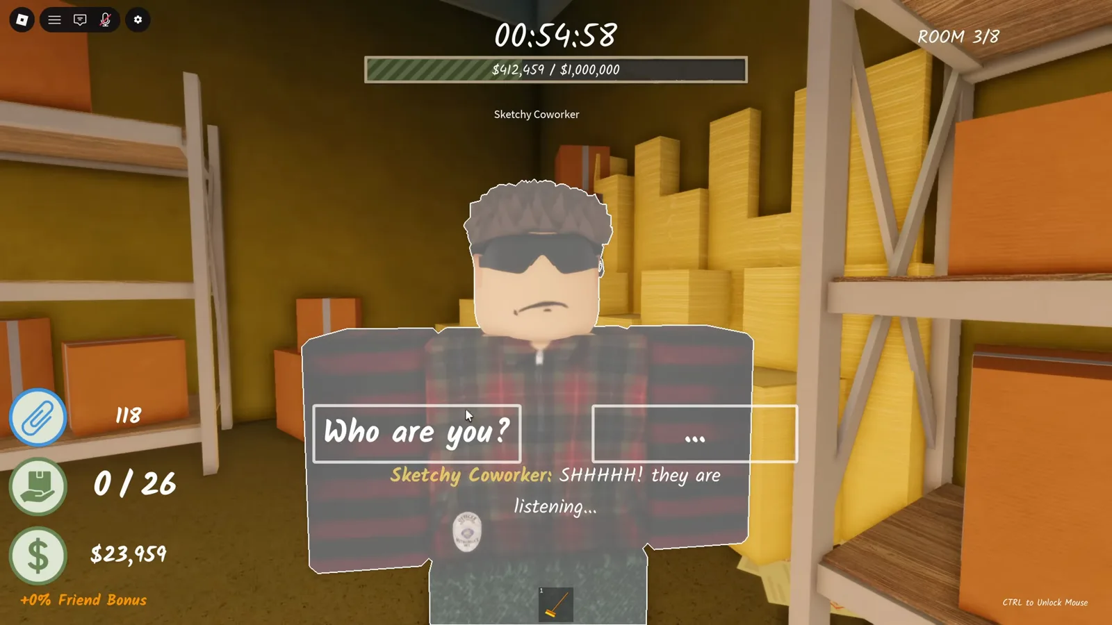 The Sketchy Coworker NPC standing between storage shelves in Shred the Secrets Room 3 with his SHHHHH! They are listening line and the Who are you? reply options on screen