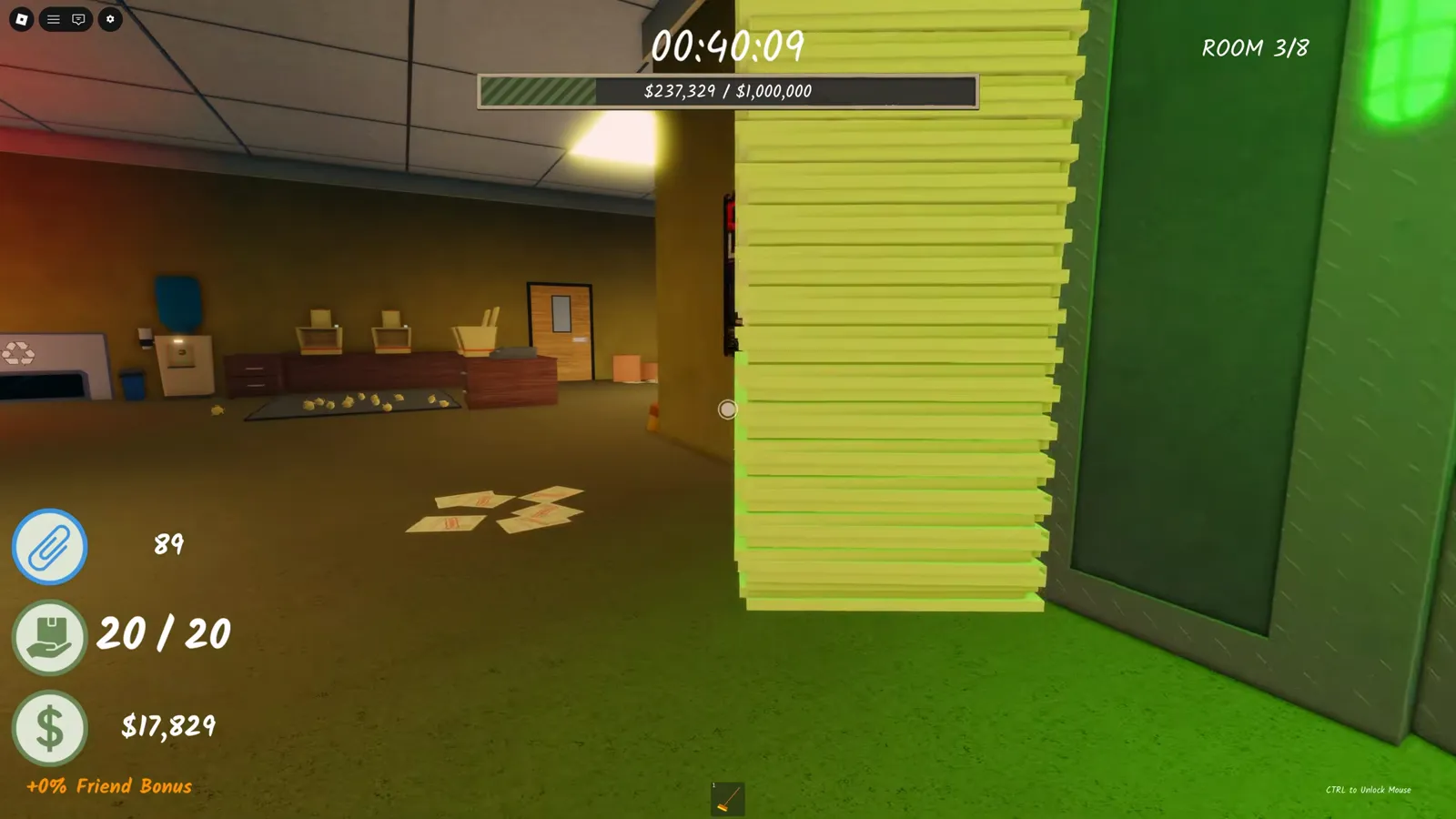 Shred the Secrets Room 3 arrival view where a floor-to-ceiling paper tower fills the entrance while the shredder bench and recycler wait along the far wall