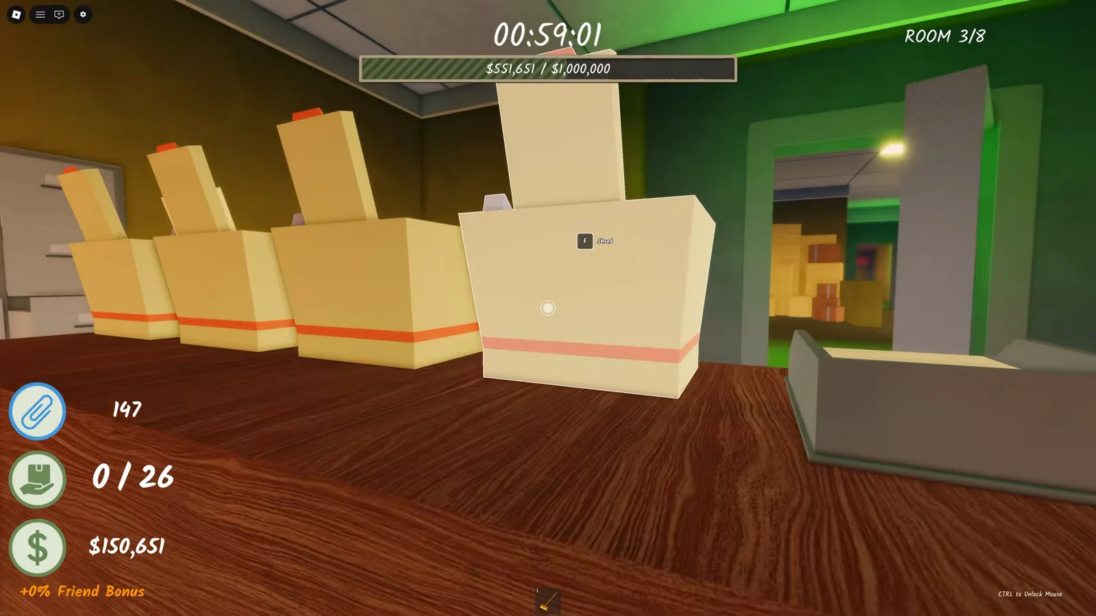 The Room 3 shredder bench in Shred the Secrets with the green-lit doorway toward Room 4 standing open on the right