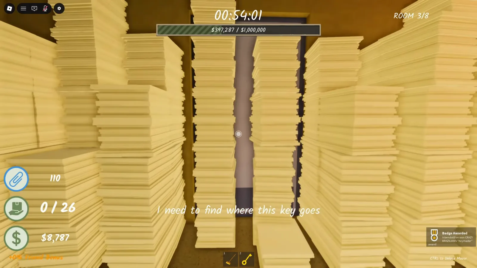 The on-screen hint I need to find where this key goes appearing between paper towers in Shred the Secrets Room 3 right after the pickup