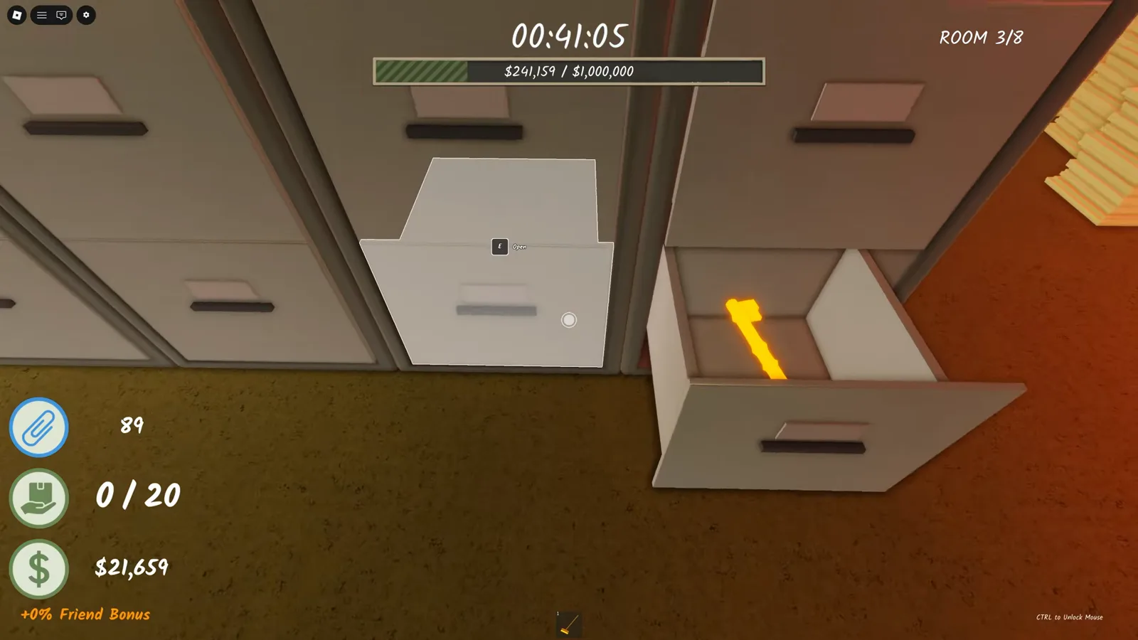 The glowing yellow key lying inside an open filing drawer in Shred the Secrets Room 3 while the neighboring drawer still shows its Open prompt