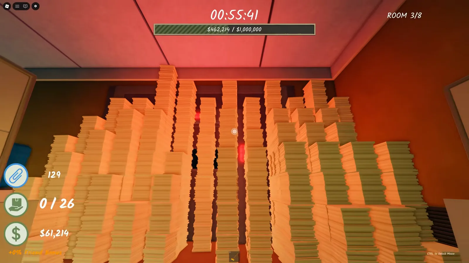 Red-lit wall of paper towers in Shred the Secrets Room 3 with the goal bar above reading $462,214 of the $1,000,000 room quota