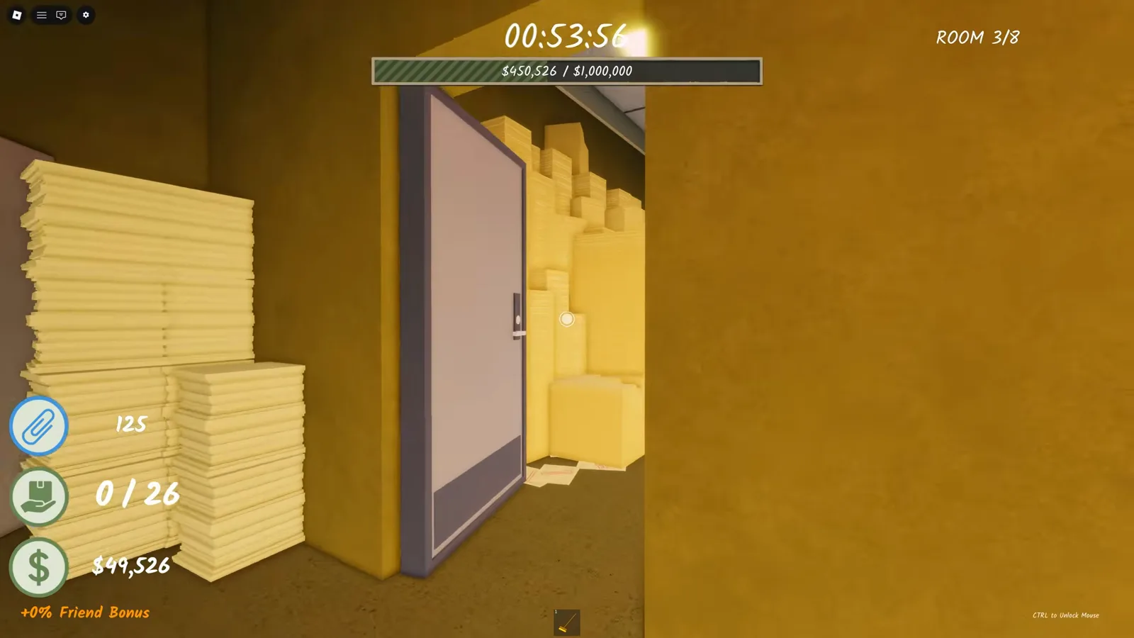 A plain white side door hidden between paper towers in Shred the Secrets Room 3 with piles still crowding the approach