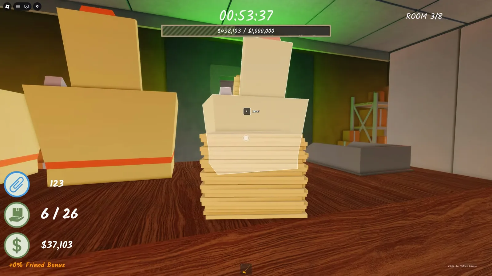 Cardboard boxes and loose paper filling a green-lit nook of the unlocked storage area in Shred the Secrets Room 3