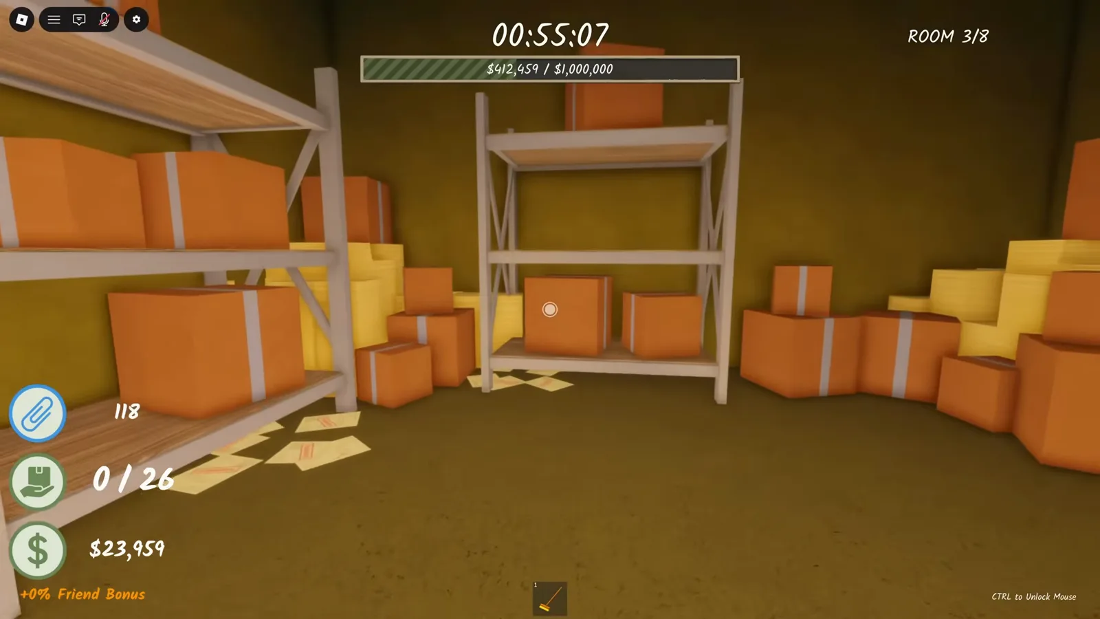 The small storage area behind Room 3's side door in Shred the Secrets lined with metal shelving racks stacked with orange boxes
