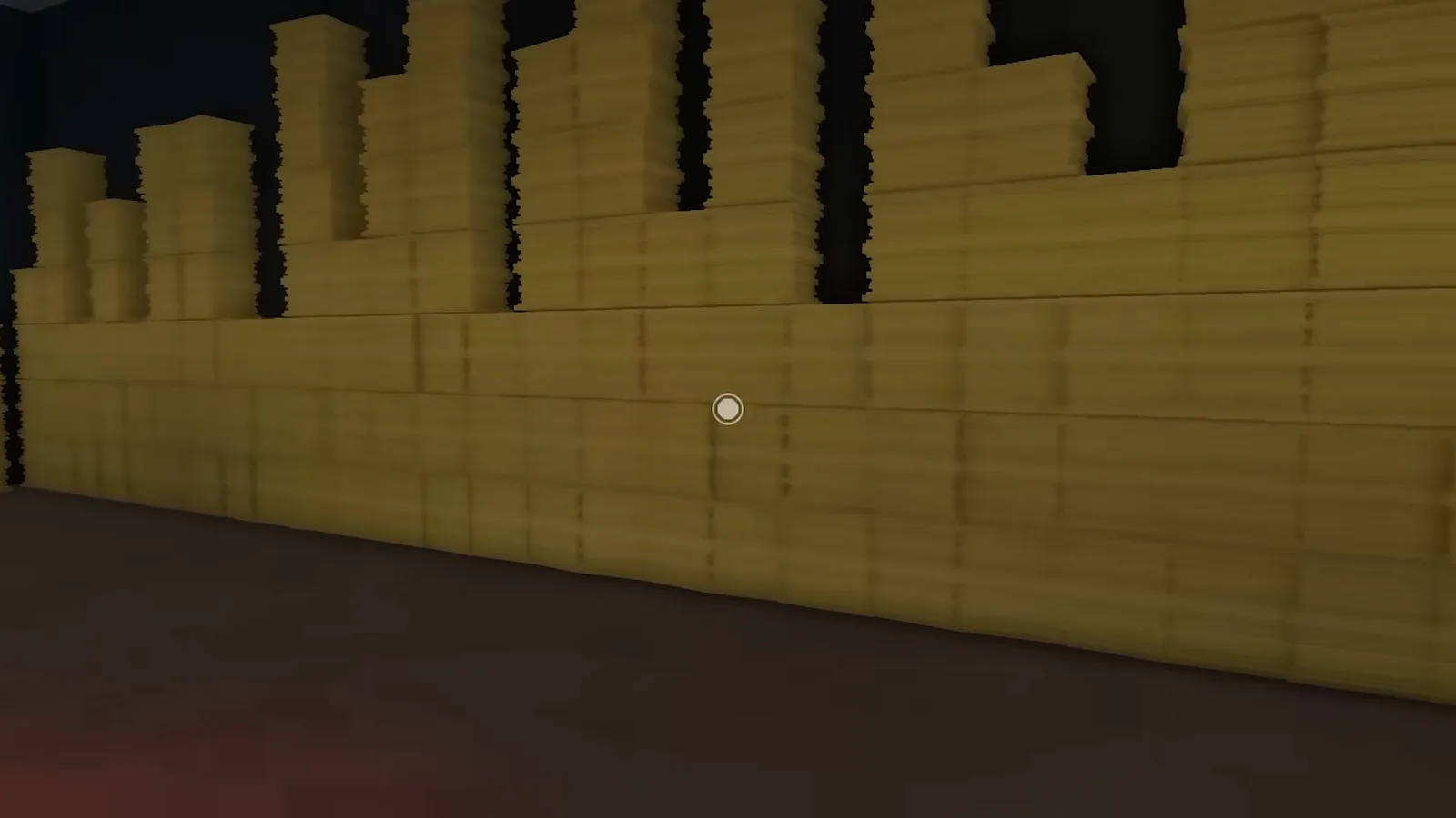 Wall of paper columns in Shred the Secrets Room 5 chopped to half height leaving open sightlines between the stacks after an every-other-column sweep