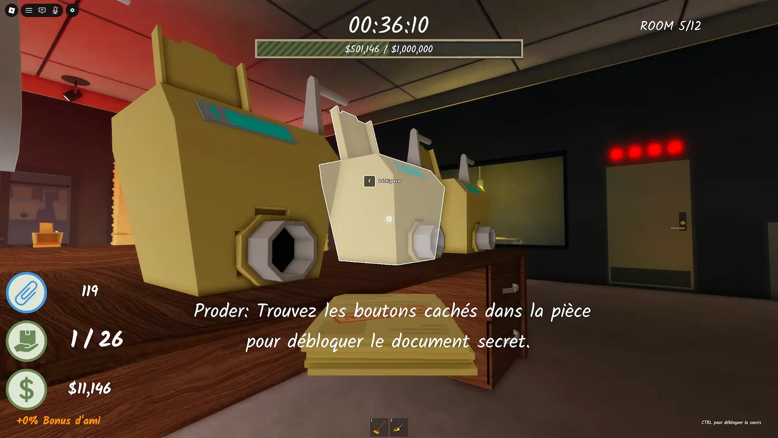 Shred the Secrets Room 5 chat hint reading Find the hidden buttons in the room to unlock the secret document in French above a red-lit shredder bench with the ROOM 5/12 HUD