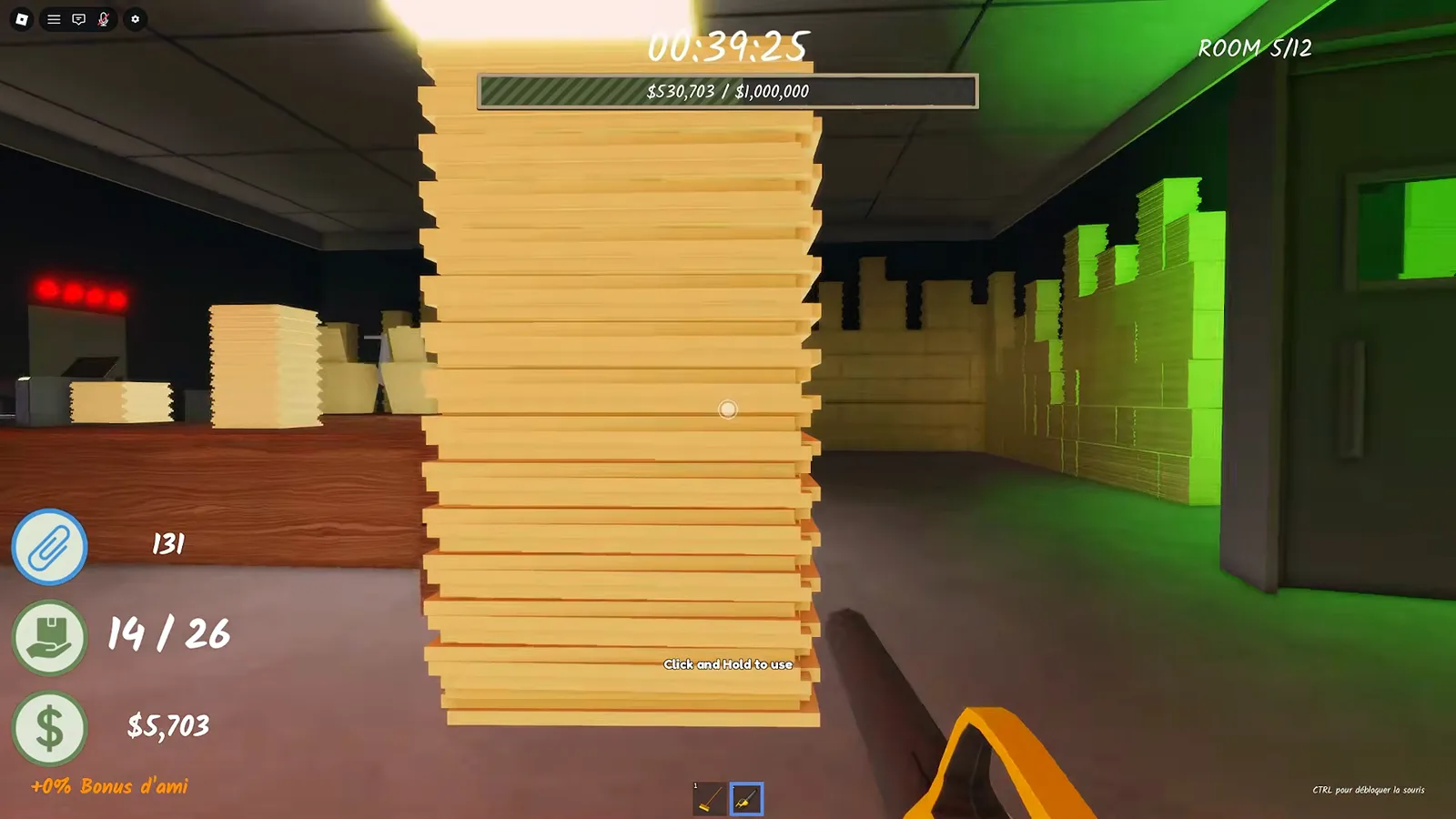 Cleared pathway through Room 5 of Shred the Secrets leading to the green-lit exit zone with the ROOM 5/12 HUD and the quota bar at $530,703 of $1,000,000
