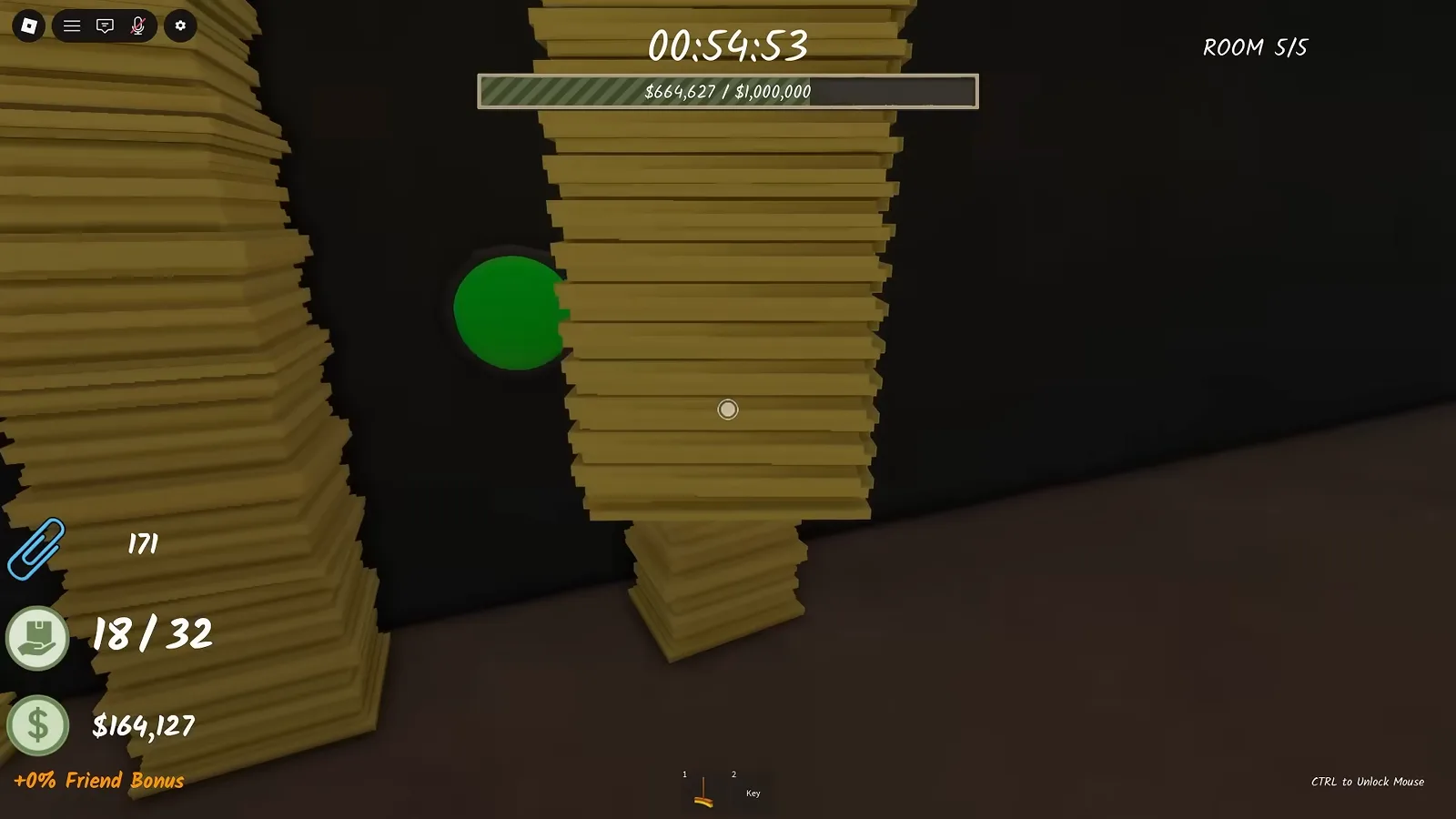 Green glowing hidden button peeks from behind a floor-to-ceiling paper tower in Shred the Secrets Room 5 with the ROOM 5/5 HUD of the earlier build
