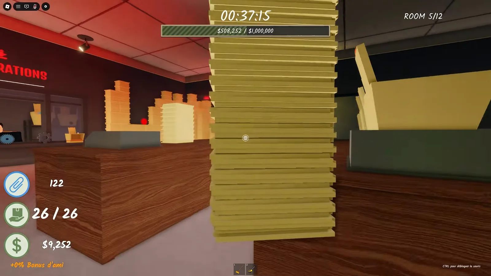 Floor-to-ceiling paper columns filling Room 5 of Shred the Secrets with the quota bar reading $508,252 of $1,000,000 and the ROOM 5/12 HUD corner