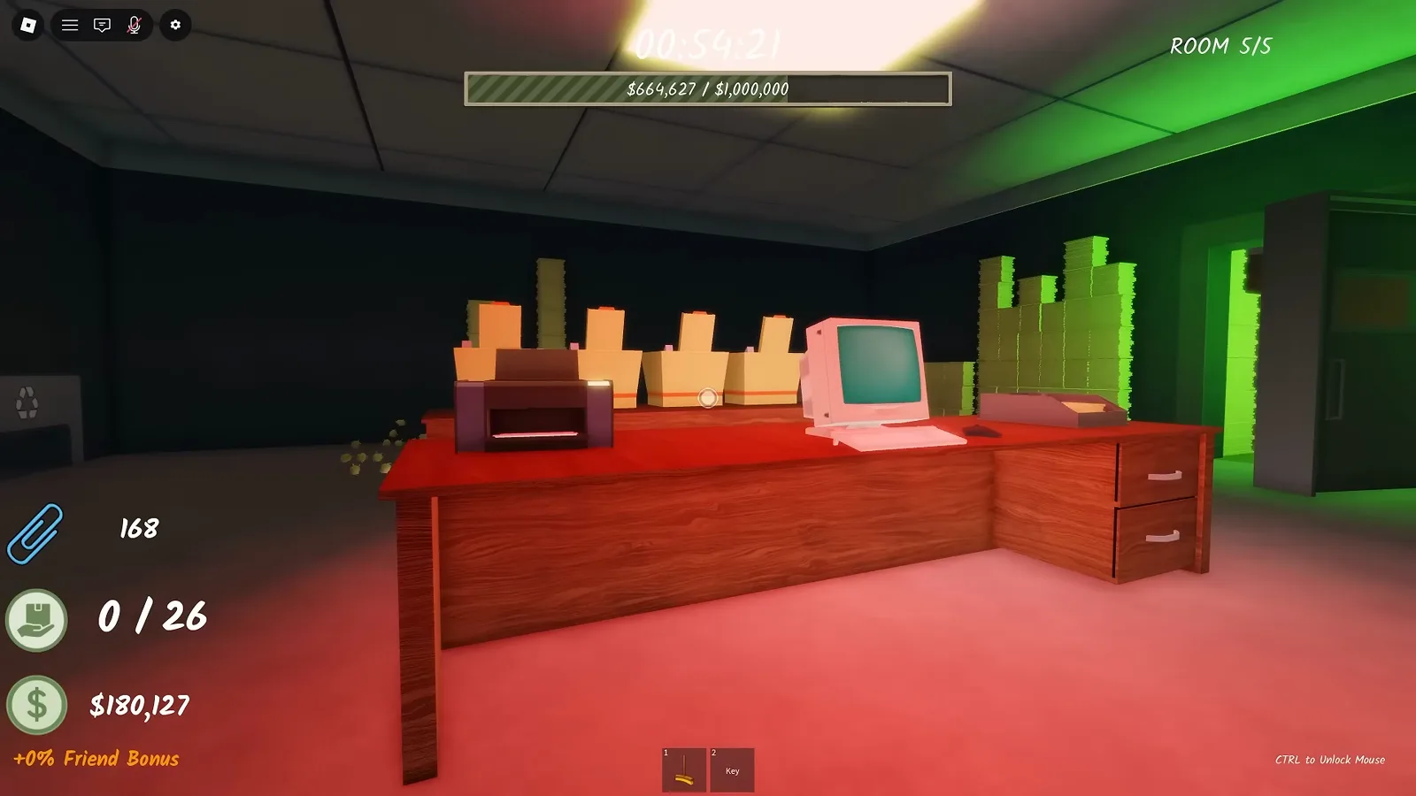 Red-lit half of Shred the Secrets Room 5 with a reception desk, retro computer and paper towers behind while the goal bar reads $180,127 of the $1,000,000 quota in the ROOM 5/5 build