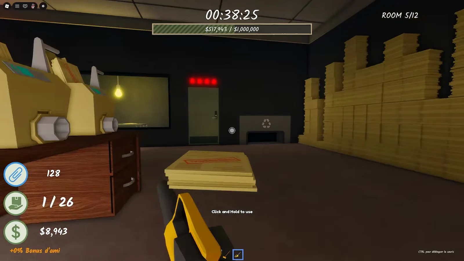 Row of yellow shredders on the Room 5 bench in Shred the Secrets with a stamped document stack waiting in front and the ROOM 5/12 HUD of the current build