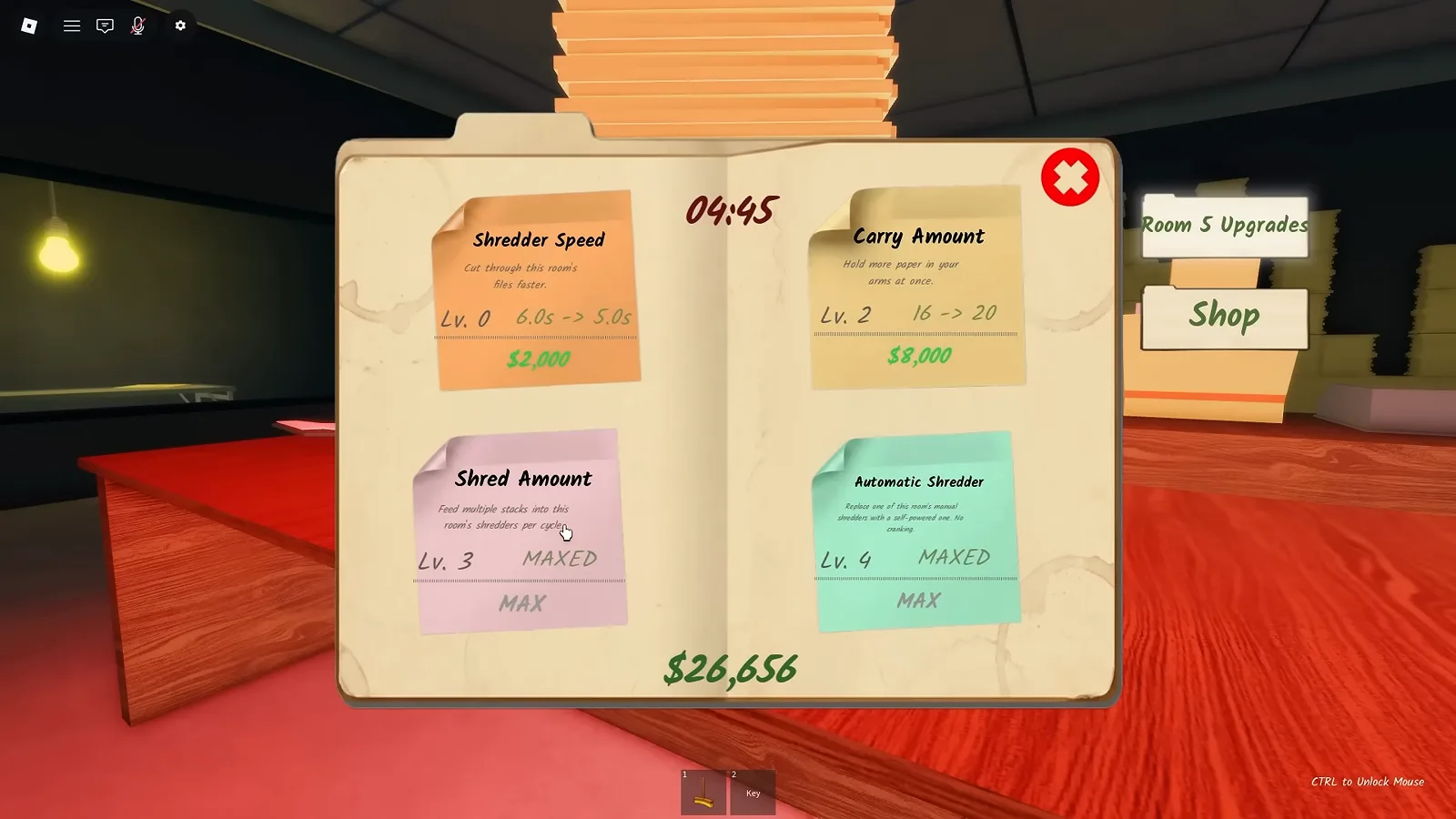 Room 5 Upgrades menu in Shred the Secrets showing Shredder Speed back at Lv. 0 for $2,000 while Shred Amount and Automatic Shredder sit maxed