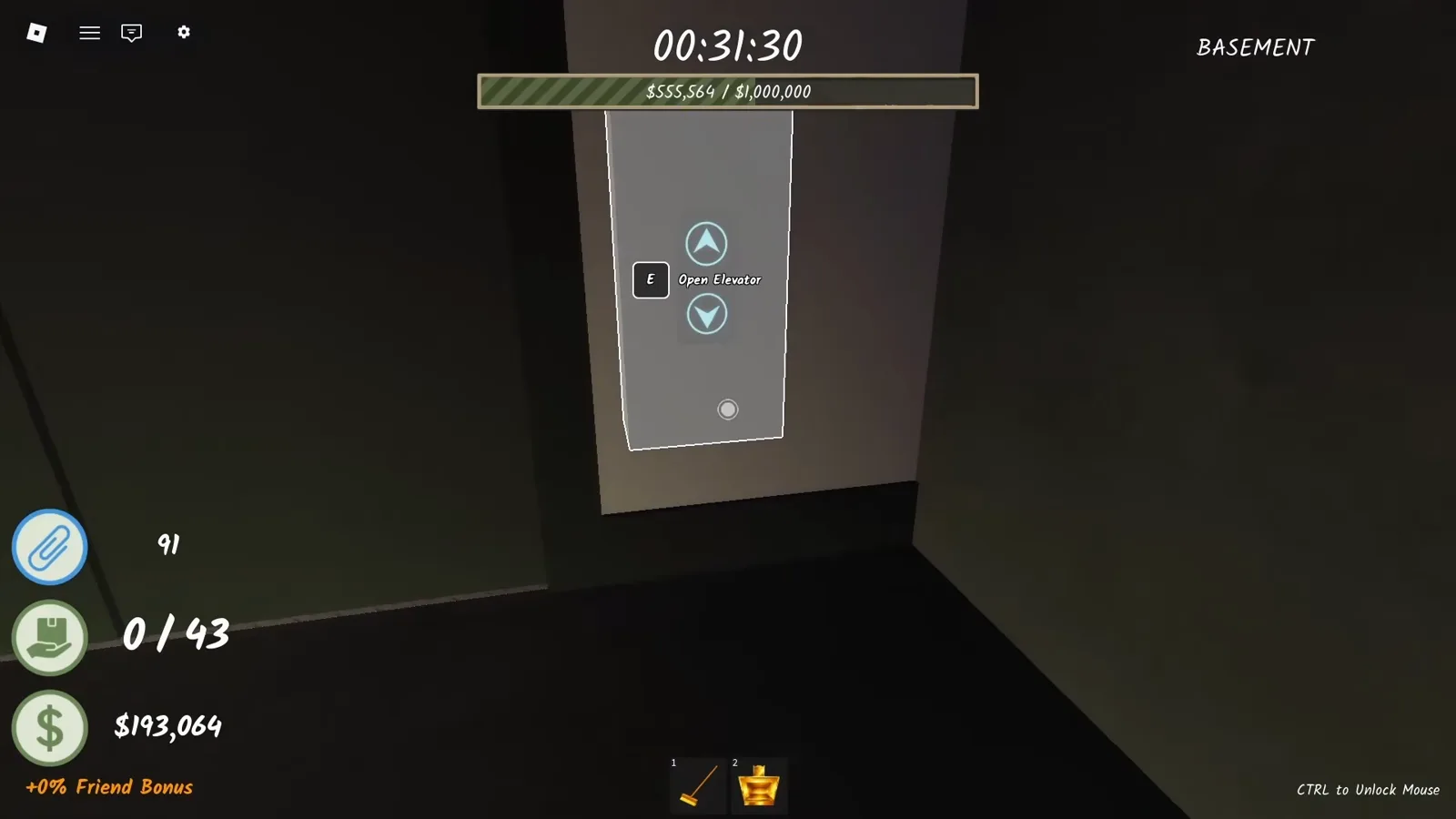 Basement elevator call panel with up and down arrow buttons and the Open Elevator prompt in Shred the Secrets