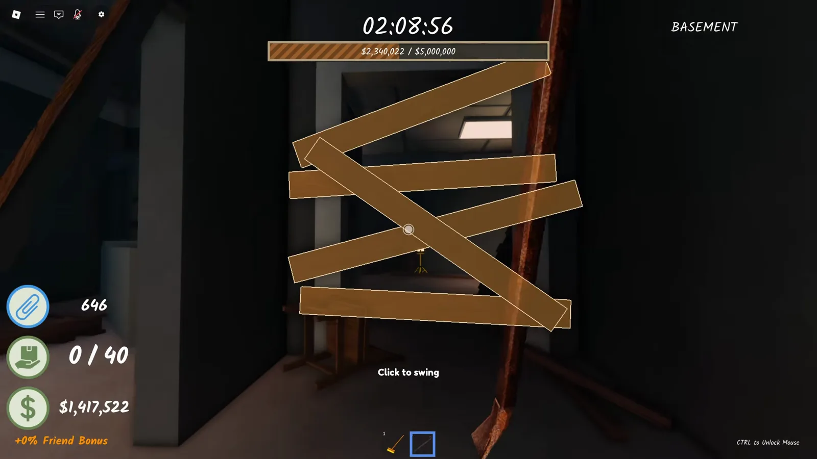 Boarded-up basement doorway crossed with wooden planks and the Click to swing prompt visible in Shred the Secrets