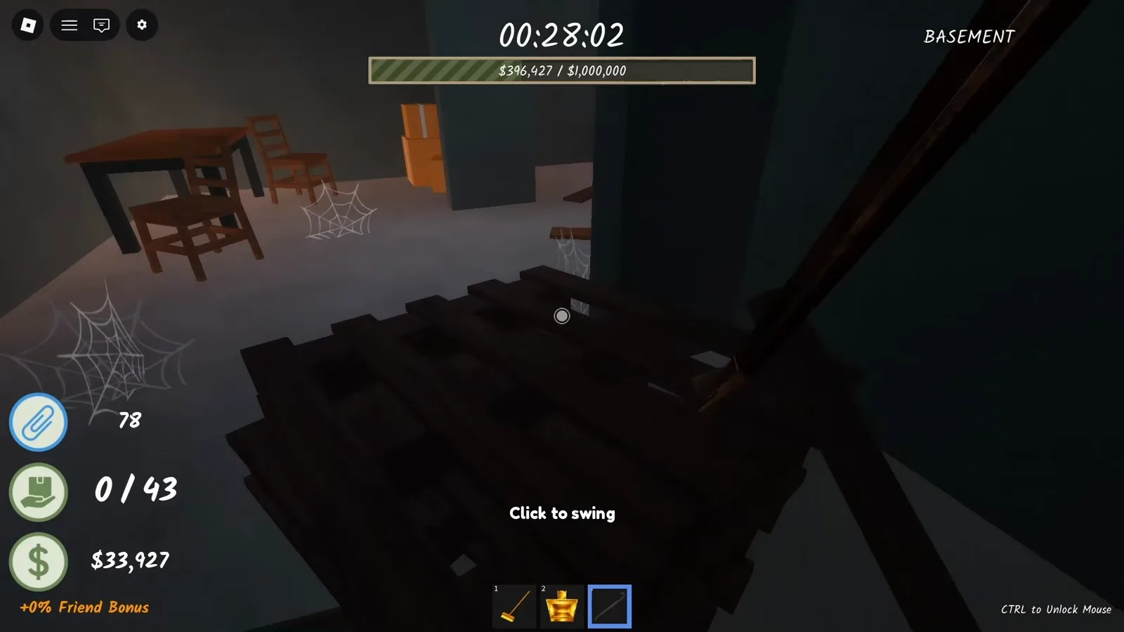 Click to swing prompt aiming the equipped crowbar at wooden planks blocking the dark basement hallway in Shred the Secrets