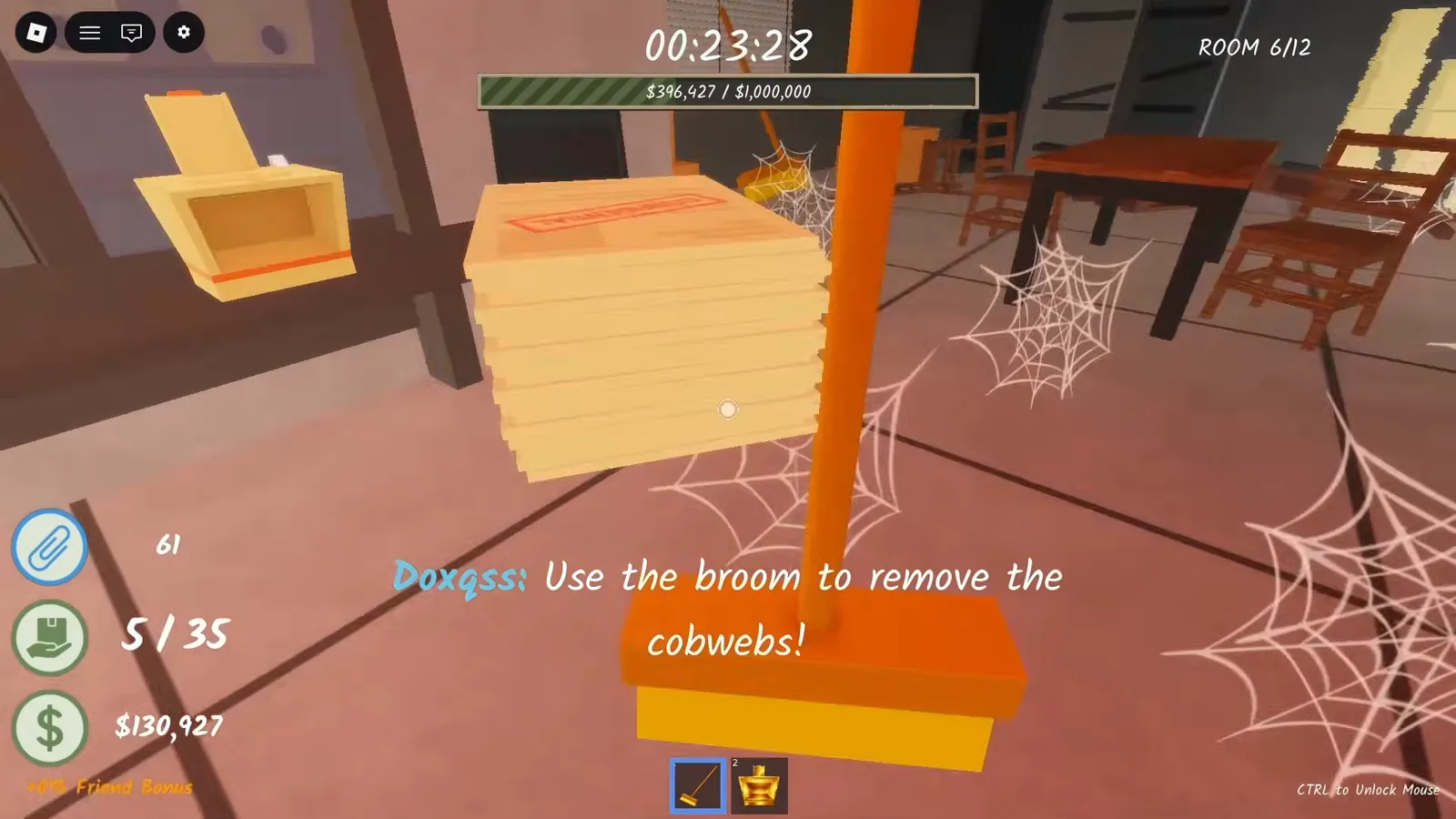 Use the broom to remove the cobwebs toast popping up over the webbed floor of Shred the Secrets Room 6 with the broom equipped