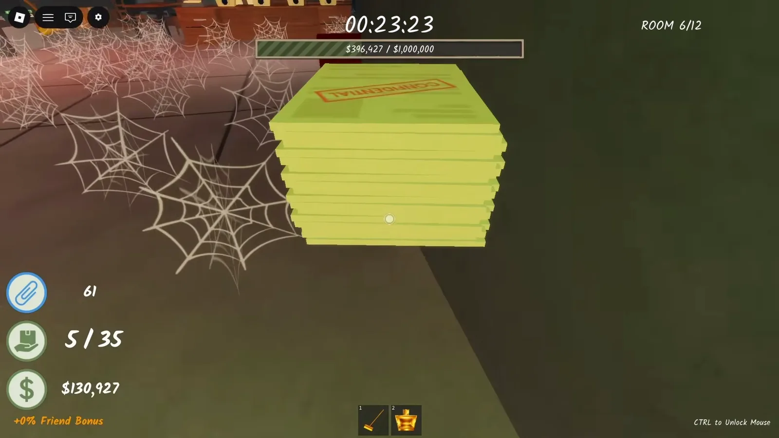 Shred the Secrets Room 6 cobweb room with the ROOM 6/12 counter, spider webs across the floor and a glowing CONFIDENTIAL paper stack