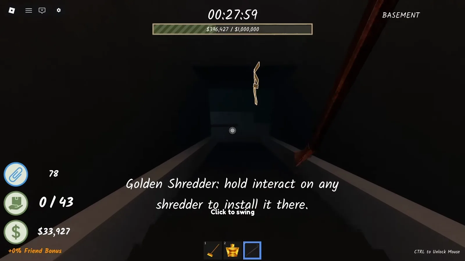 Dark staircase down to the basement in Shred the Secrets with the BASEMENT label replacing the room counter and the glowing crowbar equipped