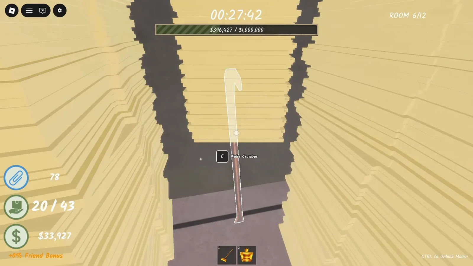 Glowing crowbar with its Take Crowbar grab prompt standing between paper stacks beside the floor clock in Shred the Secrets Room 6