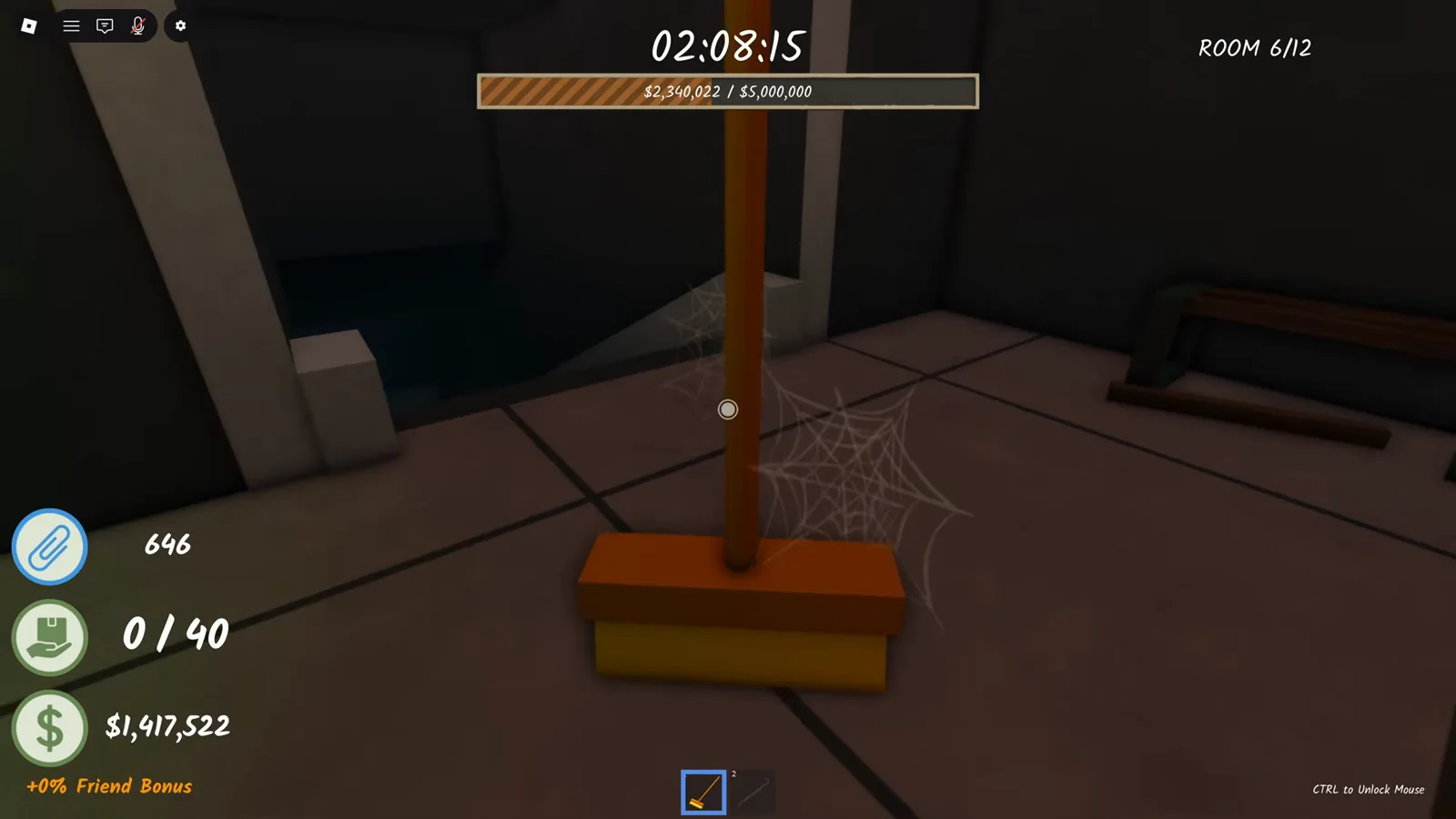 Player sweeping cobwebs off the green-lit corner of Shred the Secrets Room 6 with the broom while the ROOM 6/12 counter tracks the room