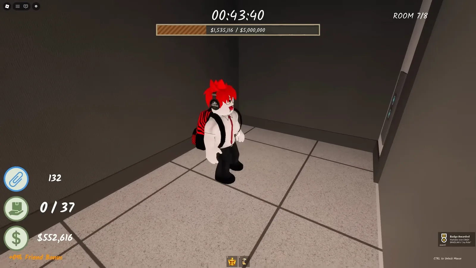 The elevator doors open into Room 7 of 8 in Shred the Secrets while a Joy Ride badge toast pops, on the pre-update 8-room build with the ROOM 7/8 HUD label