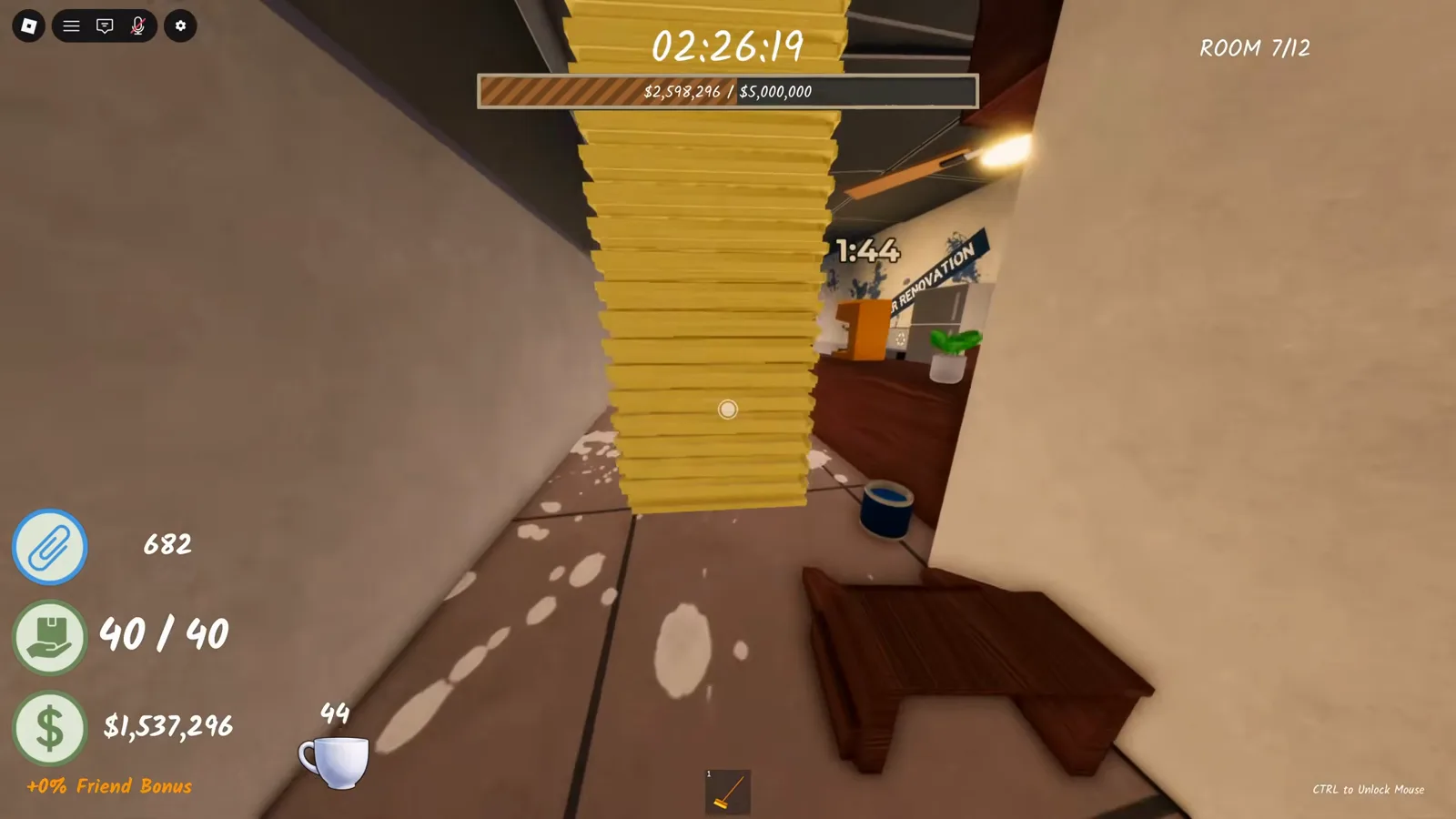 A blue paint bucket beside a tall paper stack with the UNDER RENOVATION banner and the office coffee machine behind it in Room 7 of Shred the Secrets