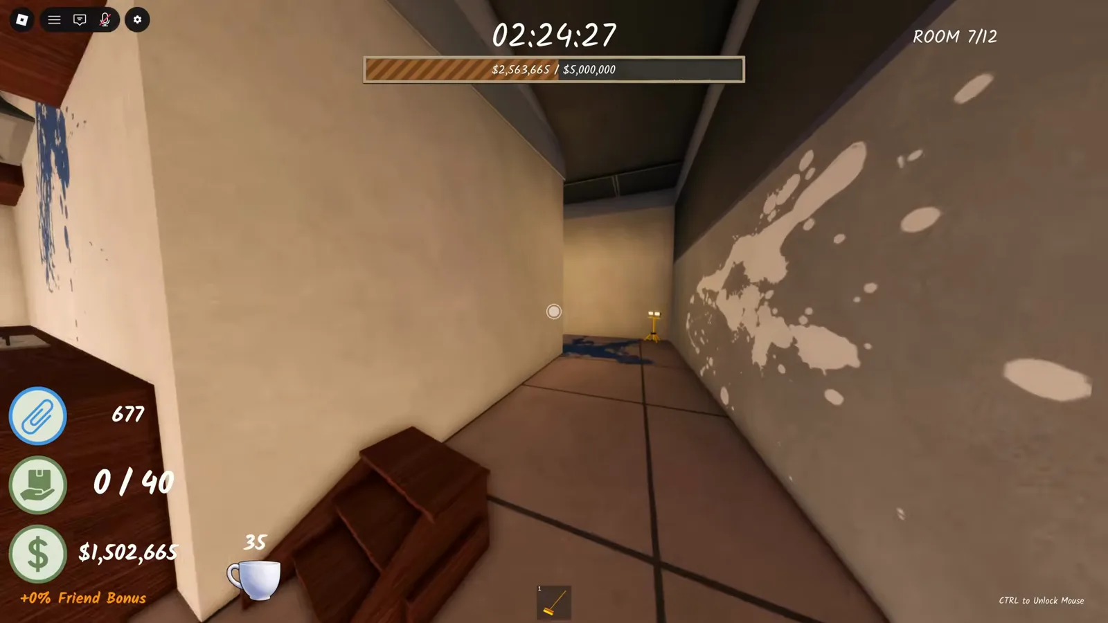 Paint-splattered corridor inside Room 7 of 12 in Shred the Secrets with blue and white splashes across the walls and the HUD goal bar reading $2,563,665 of $5,000,000