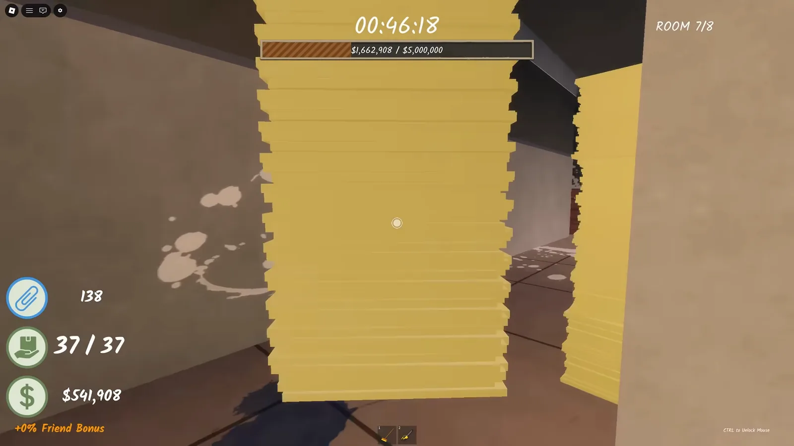 A tall yellow paper stack walling the Room 7 corridor in Shred the Secrets with the box counter complete at 37 of 37 on the old 8-room build