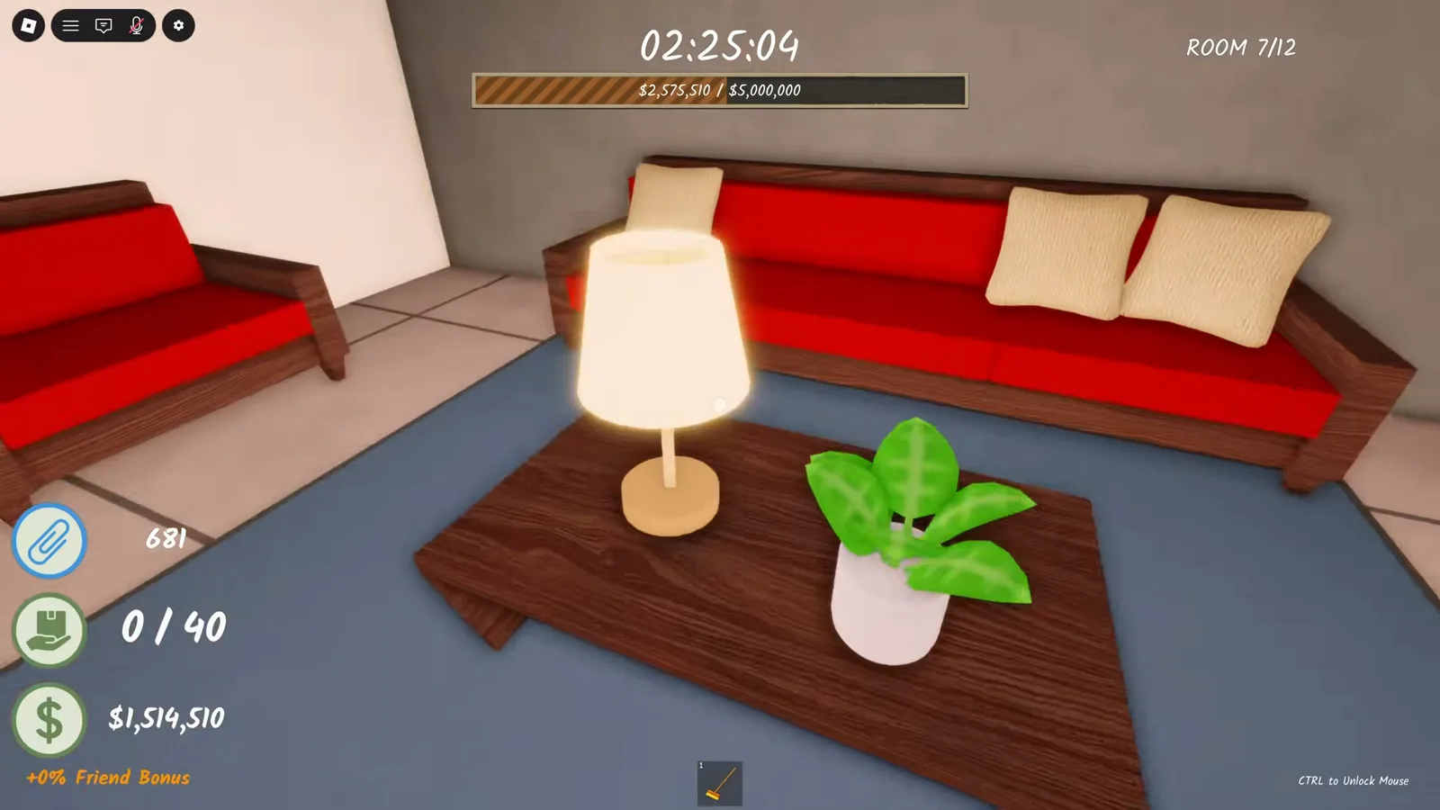 Red couches with cream pillows and a glowing floor lamp on a blue rug in the Room 7 lounge of Shred the Secrets, the HUD reading ROOM 7 of 12 under the $5,000,000 goal bar