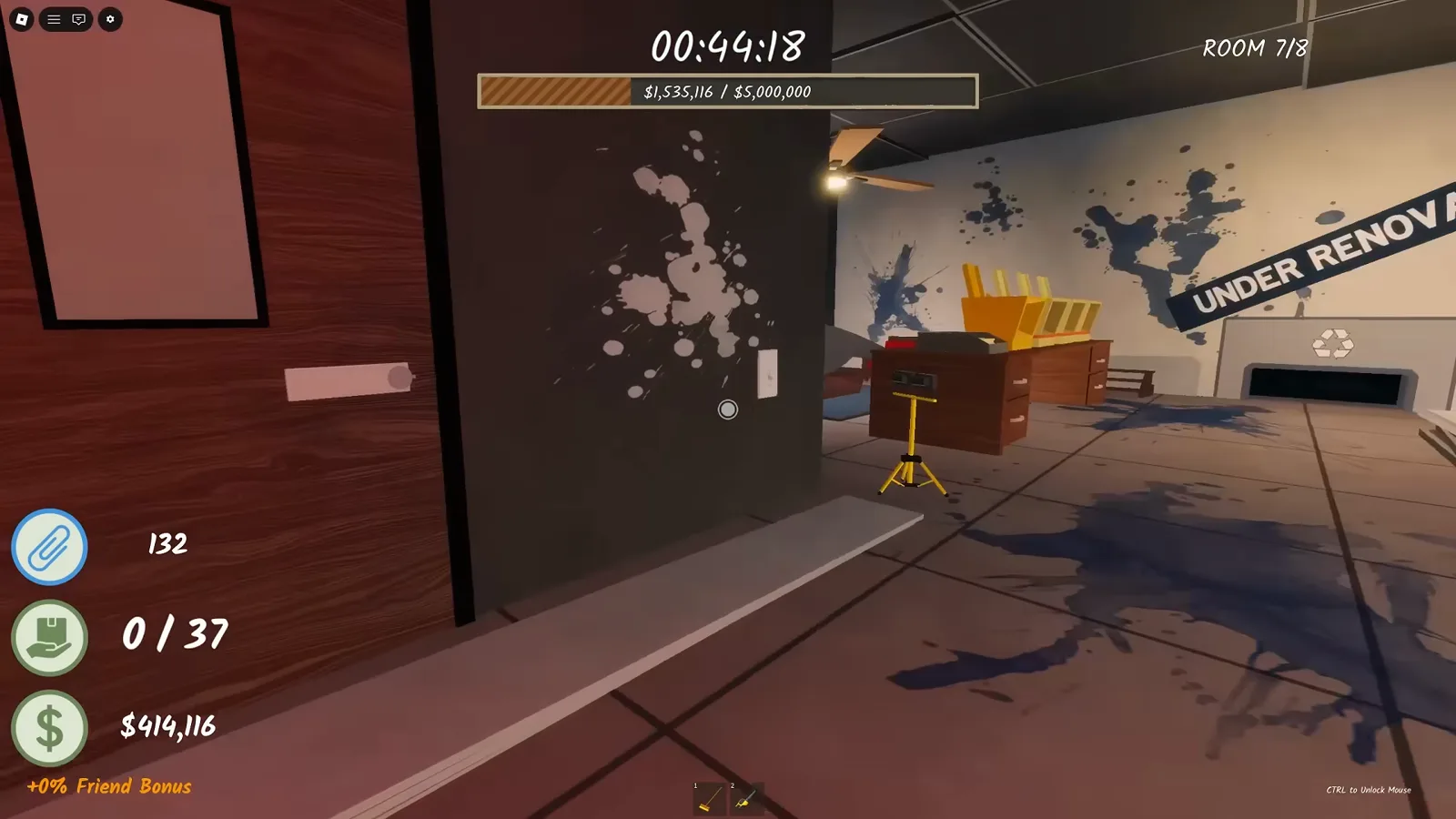 Dark red double doors next to a splatter-covered divider and the tilted UNDER RENOVATION banner in the Room 7 office of Shred the Secrets, the HUD reading ROOM 7/8