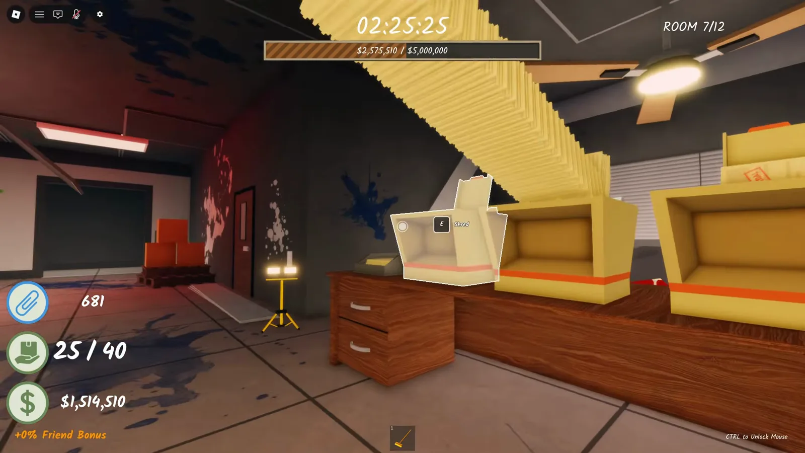 Two yellow shredders on a wooden desk with the E to Shred prompt in Room 7 of Shred the Secrets, blue paint splatters on the wall and the box counter at 25 of 40