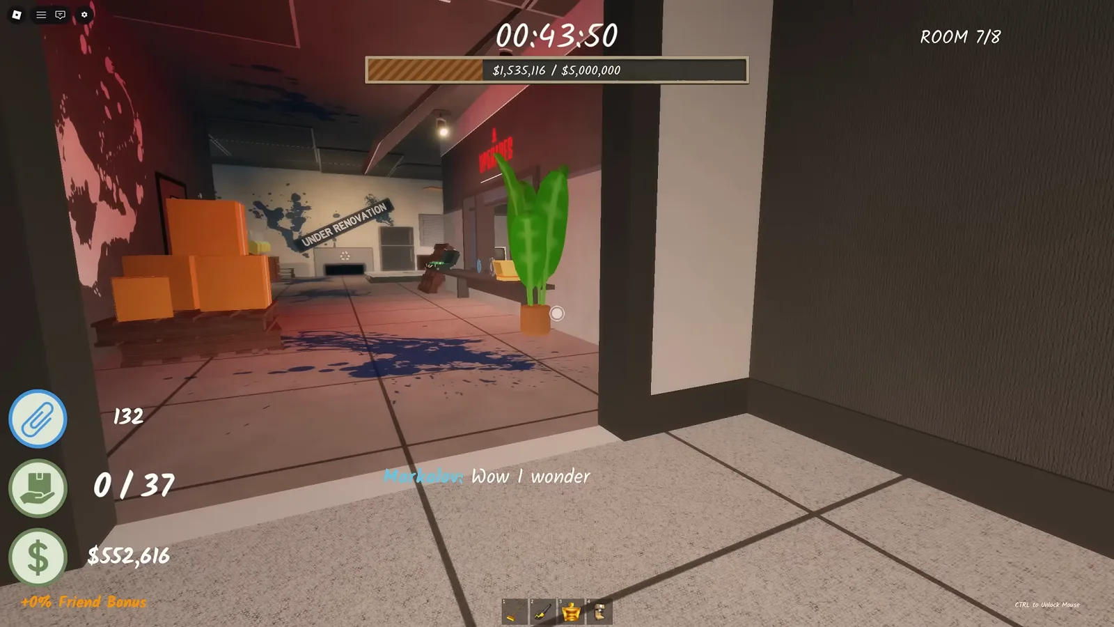 The UNDER RENOVATION banner hanging across the Room 7 office in Shred the Secrets with the red UPGRADES neon sign, the Upgrader NPC booth and blue paint puddles on the floor