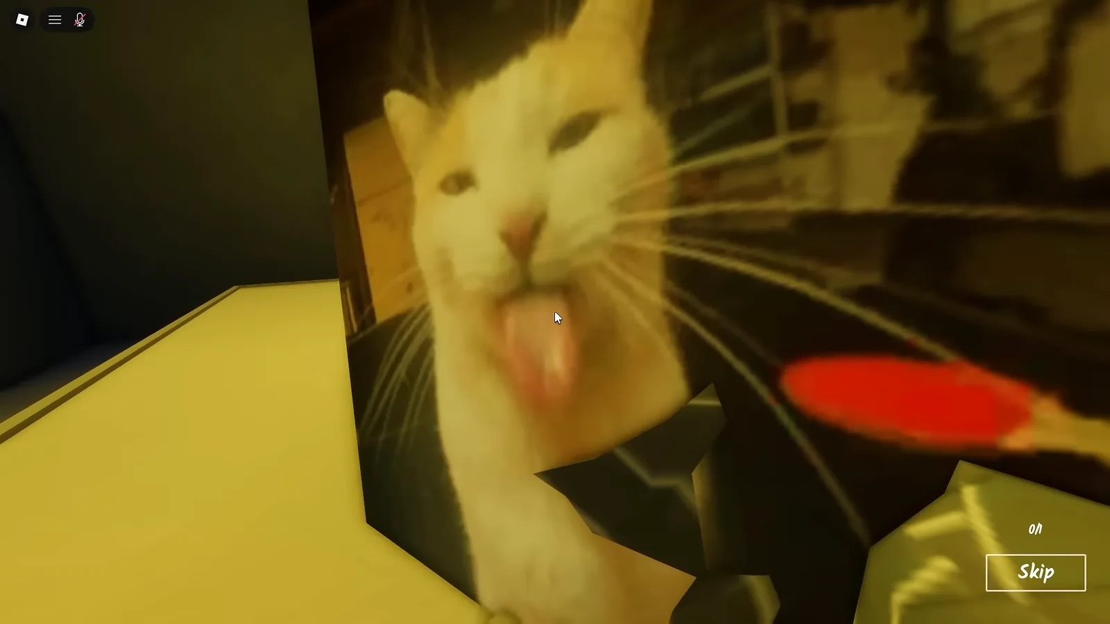 White cat with its tongue out next to a red bowl in the Shred the Secrets Ending 1 cutscene as the FBI arrives