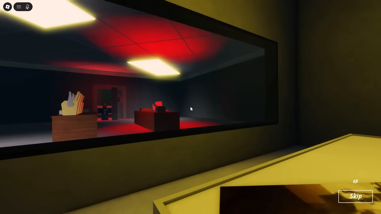 Red-lit FBI office seen through a wall opening during the Shred the Secrets Ending 1 closing cutscene