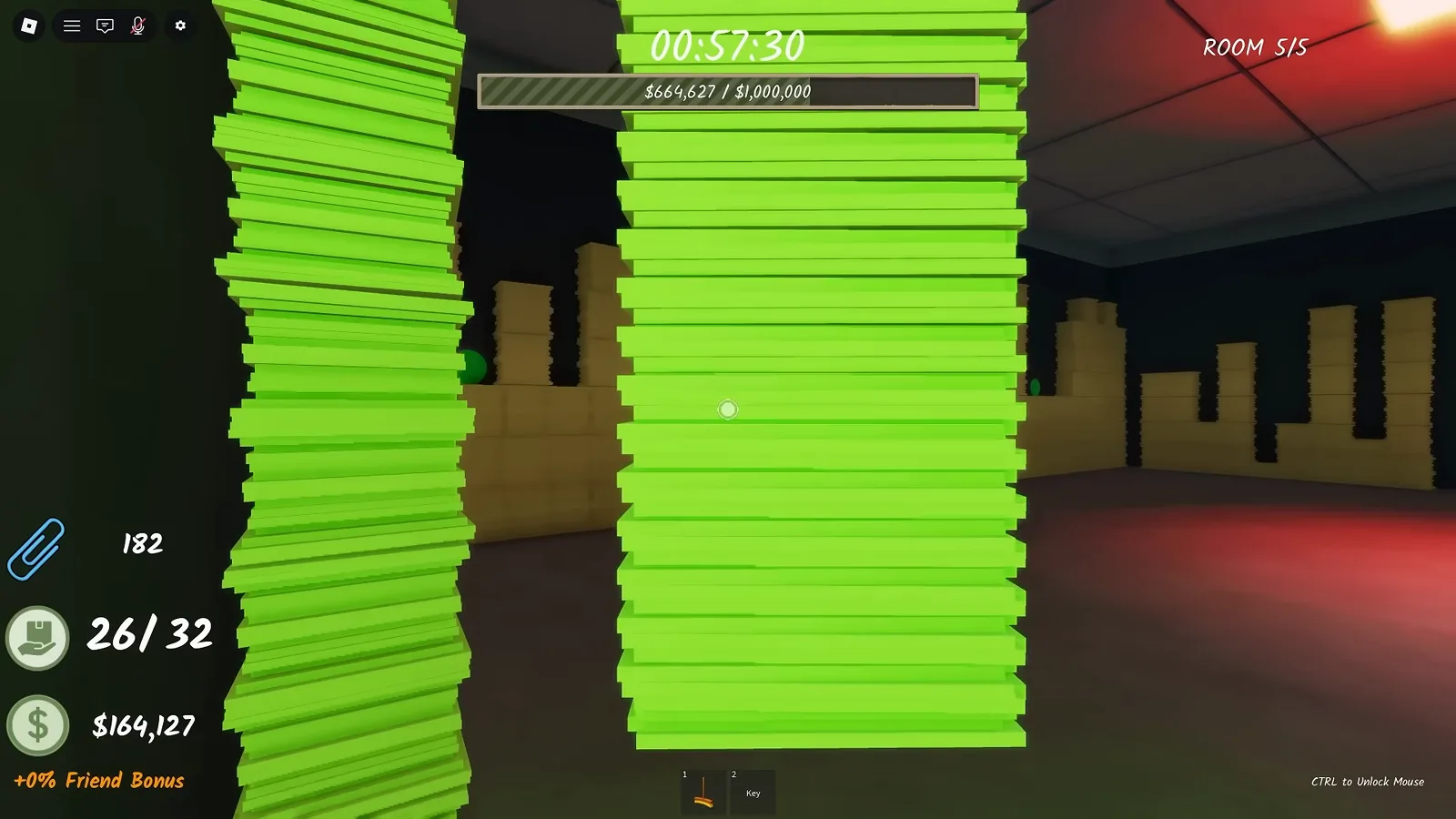 Glowing green paper columns marking hidden button spots inside the Shred the Secrets button maze with 26 of 32 paper piles cleared