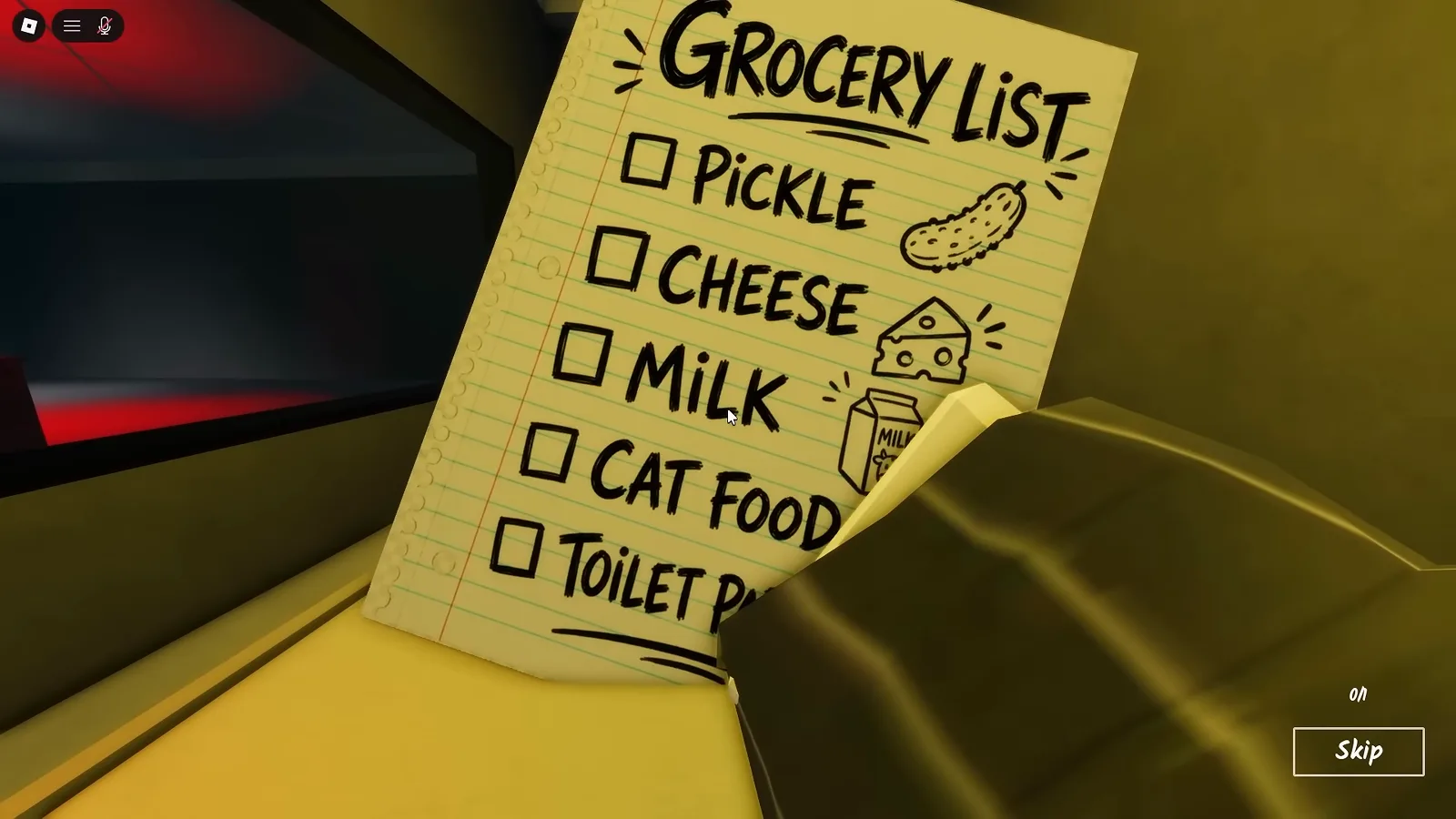 Grocery list reveal in the Shred the Secrets Ending 1 cutscene showing pickle, cheese, milk, cat food and toilet paper checkboxes
